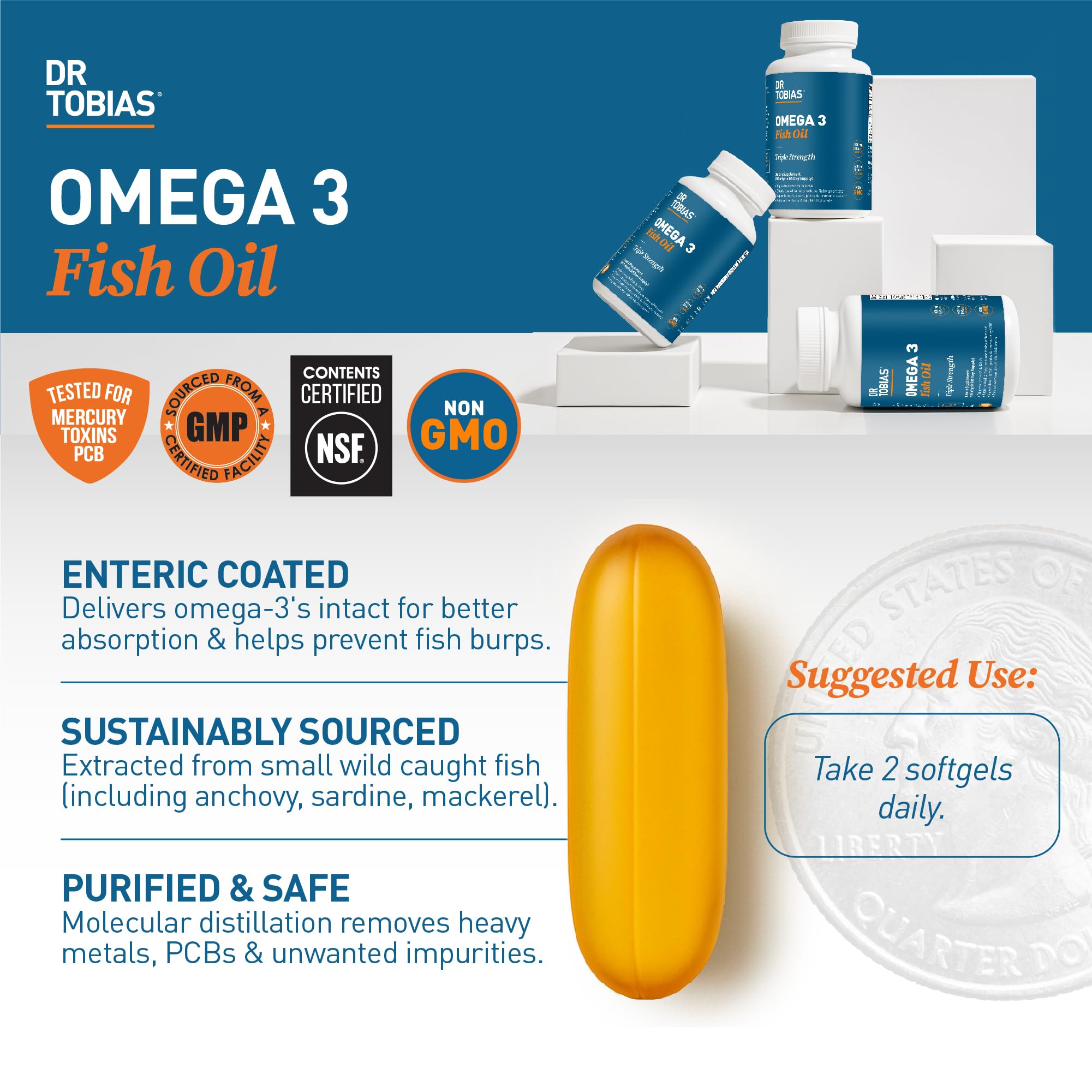 Dr. Tobias Omega 3 Fish Oil 2000mg Triple Strength with 800mg EPA 600mg DHA Per Serving | Fish Oil Omega 3 Supplements for Heart Brain & Immune Support - 180 Softgels (90 Servings) Dr. Tobias Au supplements