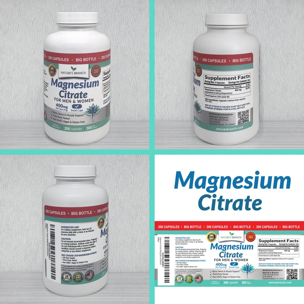 Magnesium Citrate 400mg | 200 Capsules, High Absorption for Sleep, Relax, Leg Cramps, Energy, Extra Strength Easy to Swallow Small Pills for Women & Men, Vegan Supplement for Digestion, Not Tablets NATURE'S BRANCH Au supplements
