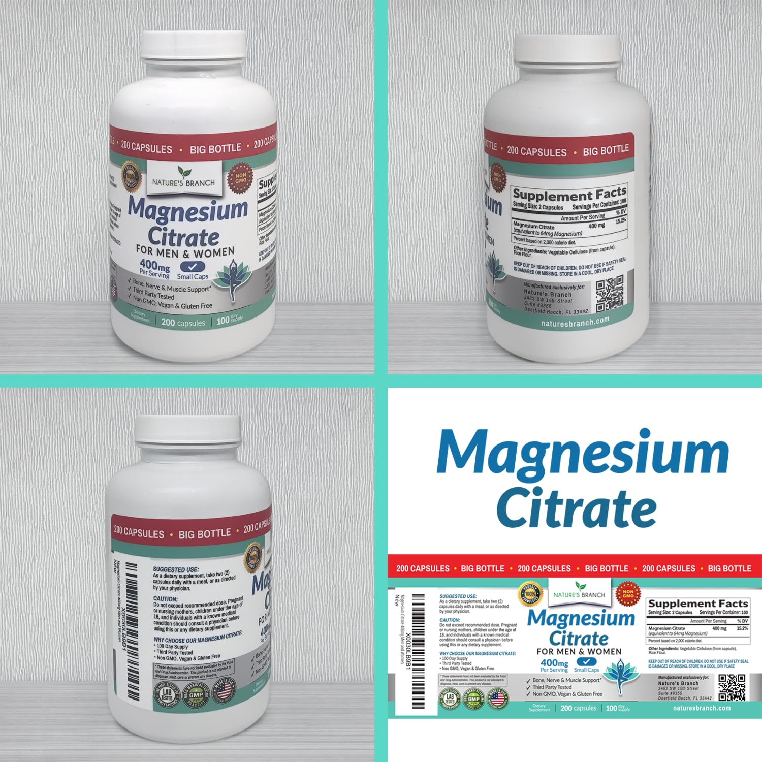 Magnesium Citrate 400mg | 200 Capsules, High Absorption for Sleep, Relax, Leg Cramps, Energy, Extra Strength Easy to Swallow Small Pills for Women & Men, Vegan Supplement for Digestion, Not Tablets NATURE'S BRANCH Au supplements