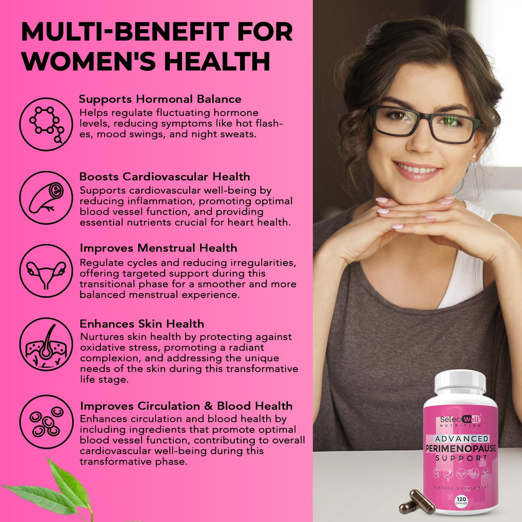Perimenopause & Menopause Support Supplement for Women – Multi‑Symptom Relief with Black Cohosh & Red Clover Isoflavones | Ashwagandha Adaptogen & Herbal Blend | Hormone Balance Support | 120 Capsules SelecWell Au supplements