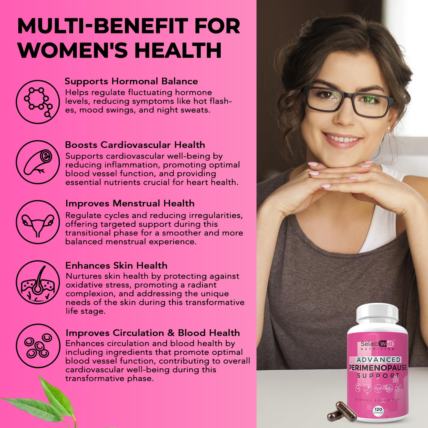 Perimenopause & Menopause Support Supplement for Women – Multi‑Symptom Relief with Black Cohosh & Red Clover Isoflavones | Ashwagandha Adaptogen & Herbal Blend | Hormone Balance Support | 120 Capsules SelecWell Au supplements