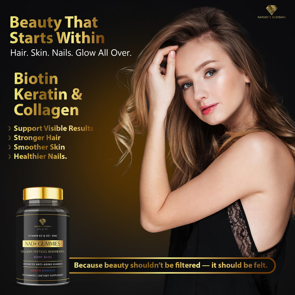 Nature's Blessing NAD+ Anti-Aging Gummies – Boost Cellular Repair, Brain Clarity & Radiant Skin – with Biotin, Collagen, Resveratrol, Vitamin D3, K2, Zinc & Keratin – Delicious Berry Bliss Nature's Blessing Au supplements