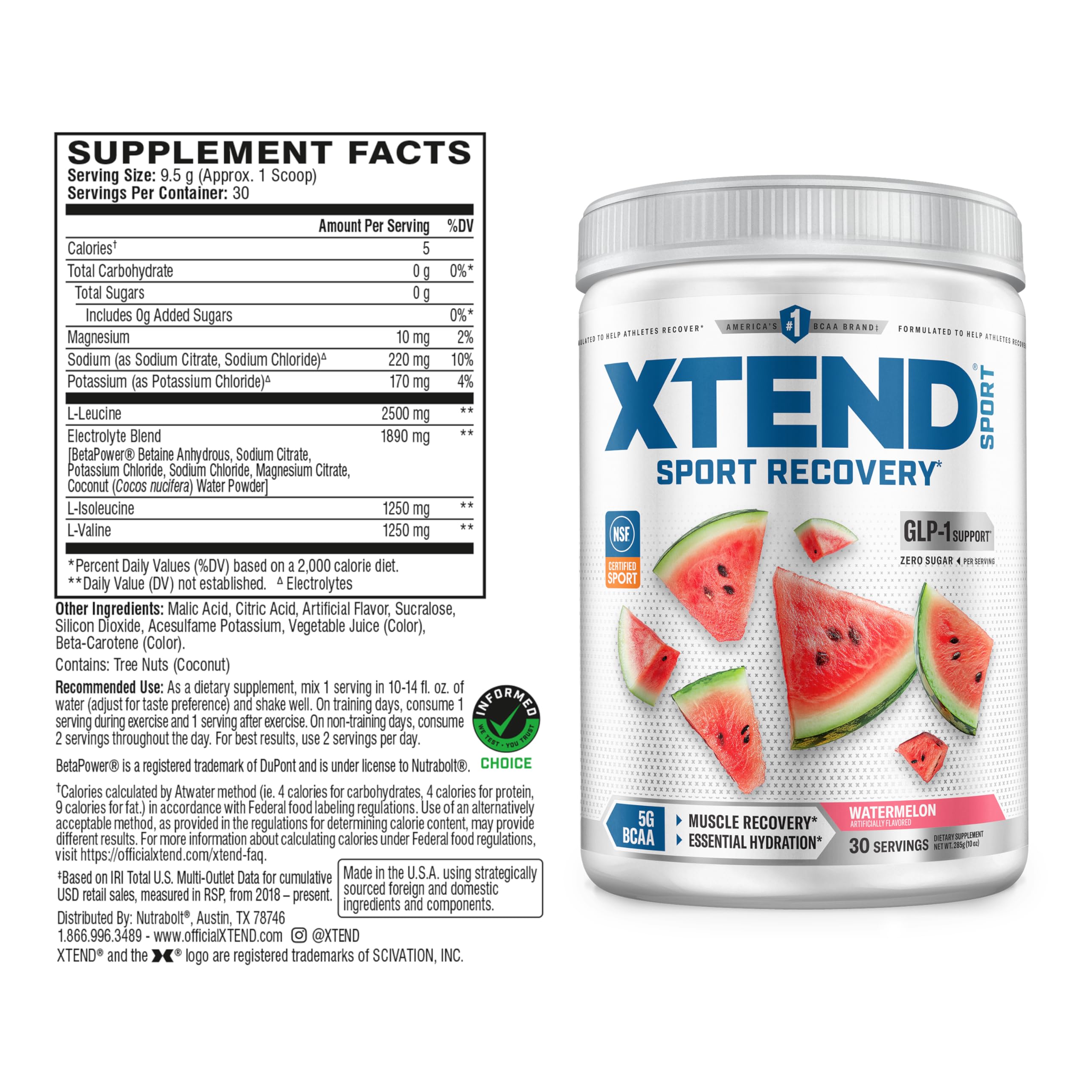 Xtend Sport BCAA Powder Watermelon - Electrolyte Powder for Recovery & Hydration with Amino Acids - 30 Servings