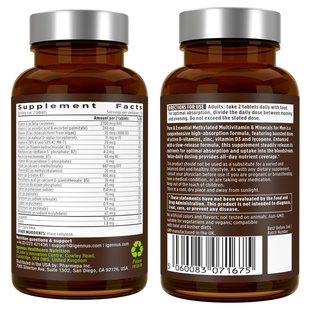 Igennus Methylated Men's Multivitamin with 22 Actives, Added Lycopene for Antioxidant Support, High Potency B12, Sustained Release,