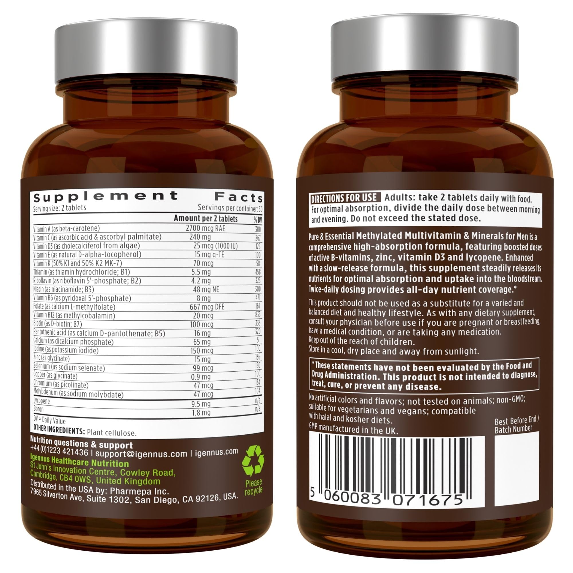 Igennus Methylated Men's Multivitamin with 22 Actives, Added Lycopene for Antioxidant Support, High Potency B12, Sustained Release,