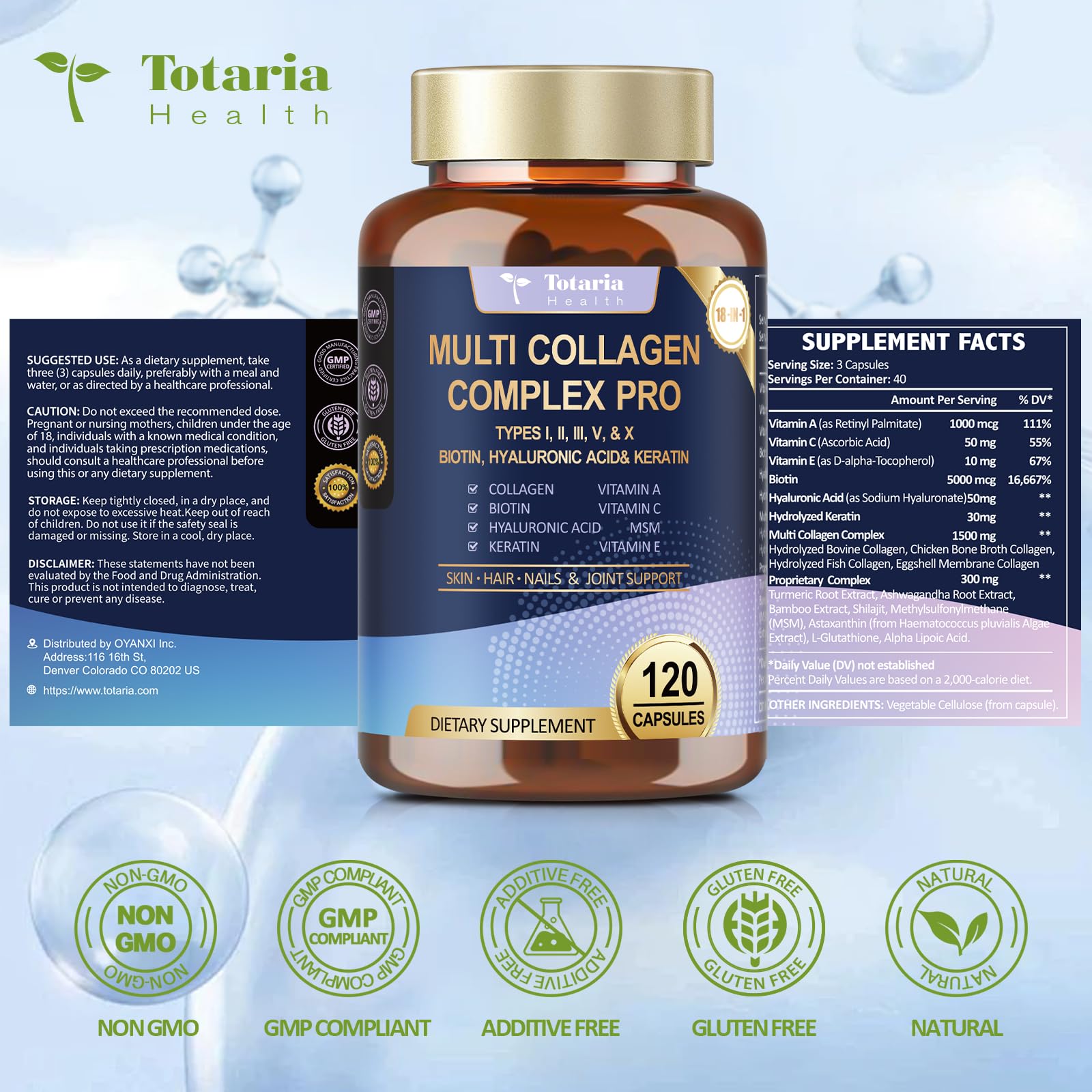 18-in-1 Collagen Pro with Hyaluronic Acid, Keratin, Biotin, VIT A C & E for Skin, Hair, Nails, Joint & Beauty - Multi Collagen Peptides Capsules