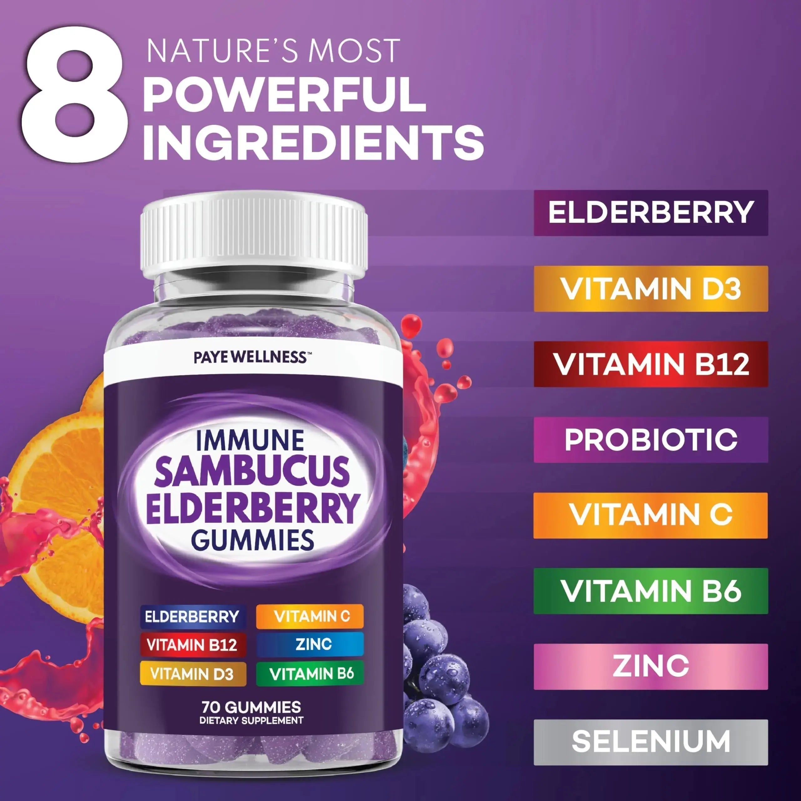 Elderberry Gummies Immune Support, Daily Support for Kids and Adults*, with Sambucus Elderberry, Zinc, Vitamin C, D3, B6, B12, Plus PAYÉ Au supplements