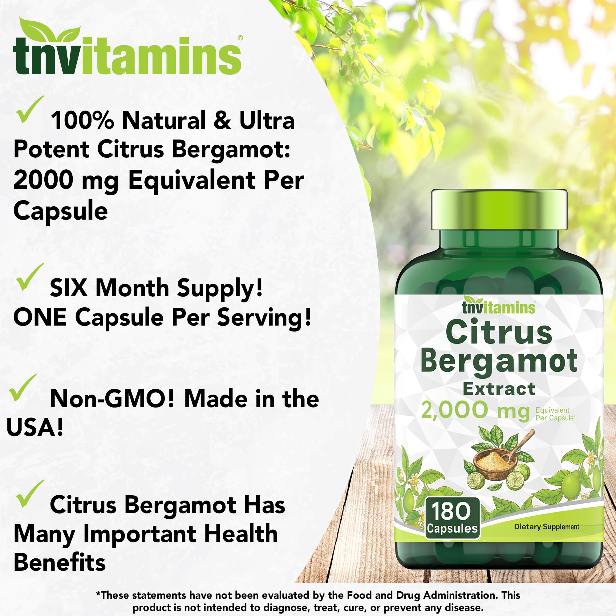 tnvitamins Citrus Bergamot 2000mg - 180 Capsules | Ultra Potent Citrus Bergamot Supplement 2000 mg Per 1 Capsule Serving