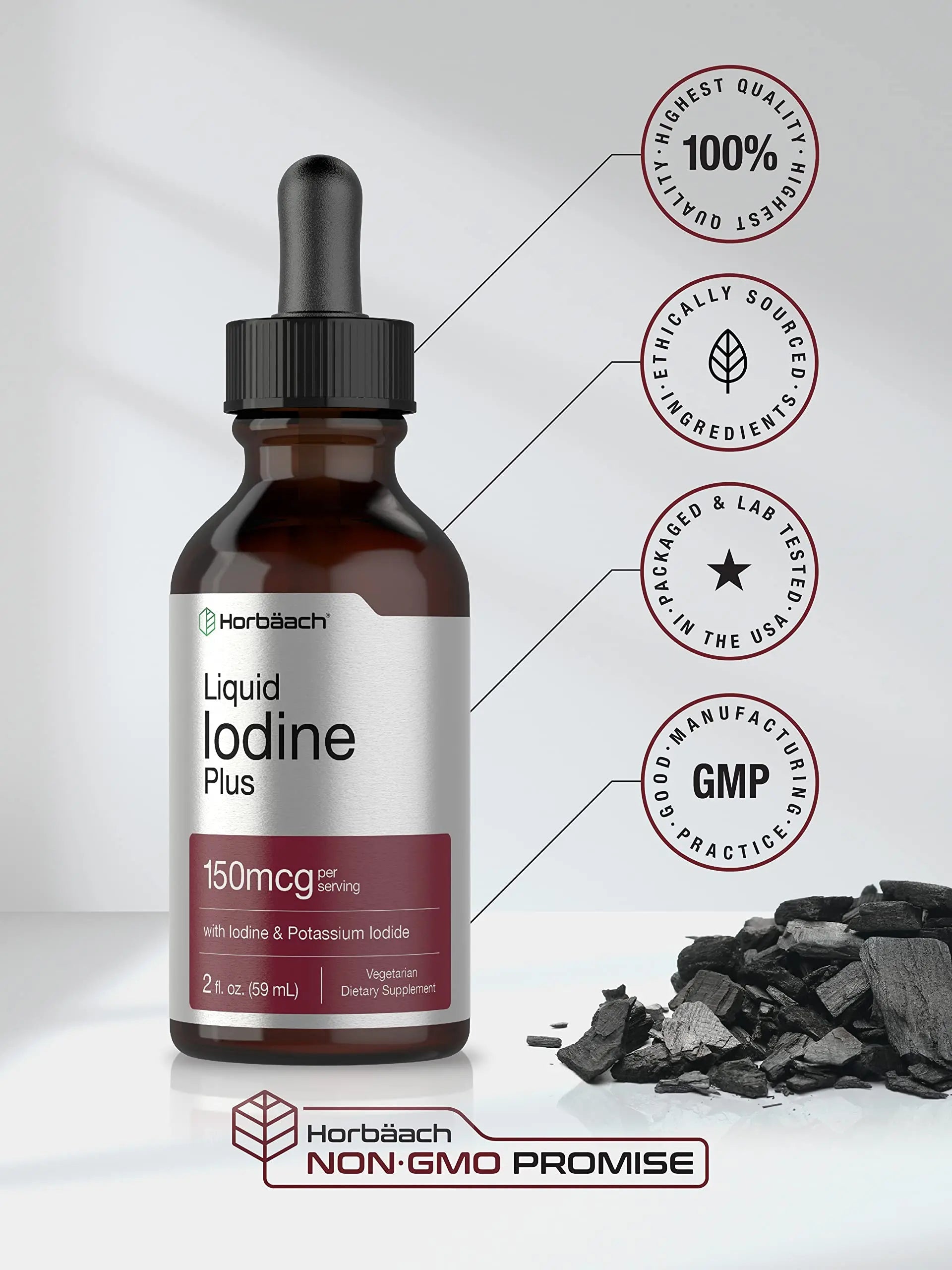 Liquid Iodine Solution Drops | 2 fl oz | 150 mcg | Iodine & Potassium Iodide Supplement Horbäach Au supplements