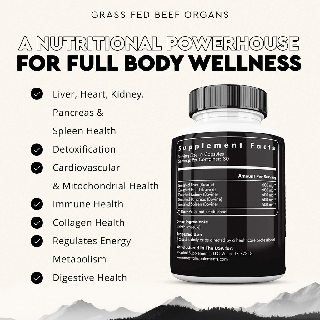 Ancestral Supplements Grass Fed Beef Organ Supplement, Supports Whole Body Wellness with Proprietary Blend of Liver, Heart, Kidney, Pancreas, Spleen, Freeze-Dried Beef, Non-GMO, 180 Capsules Ancestral Supplements Au supplements
