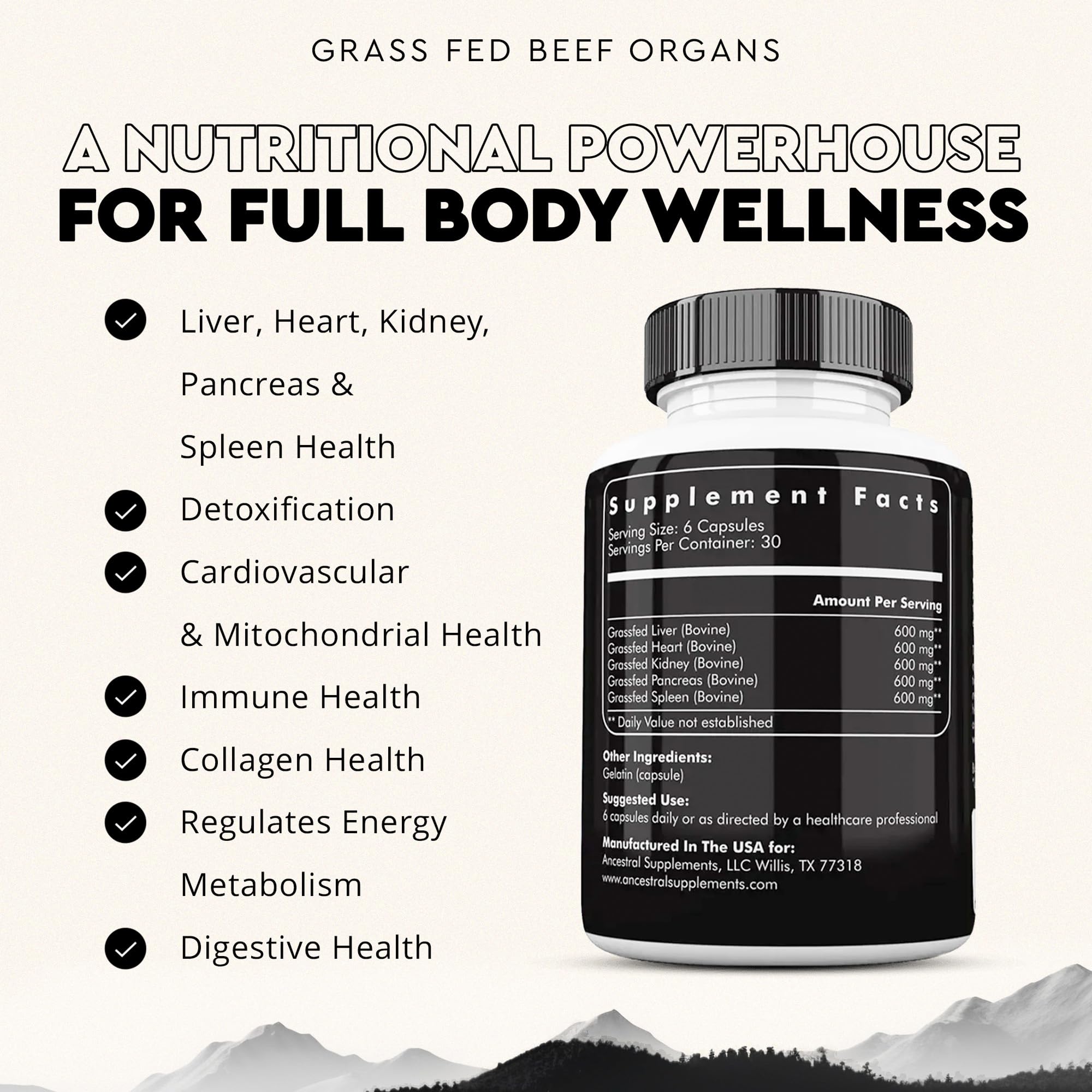 Ancestral Supplements Grass Fed Beef Organ Supplement, Supports Whole Body Wellness with Proprietary Blend of Liver, Heart, Kidney, Pancreas, Spleen, Freeze-Dried Beef, Non-GMO, 180 Capsules Ancestral Supplements Au supplements