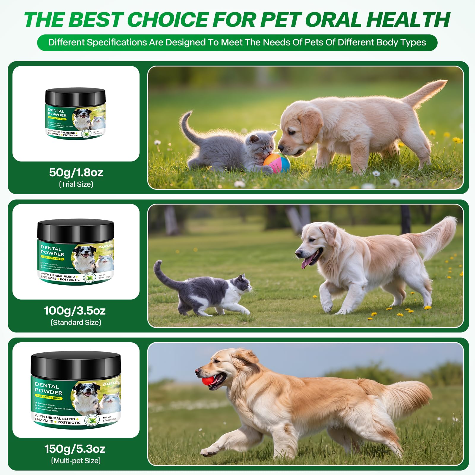 Dog Dental Powder for Teeth Cleaning Plaque & Bad Breath Off, Dental Powder for Dogs Teeth with Natural Herbal Blend & Postbiotics, Dog Teeth Cleaning Powder with Enzymes for Dogs & Cats (3.5oz) AUROS Au supplements