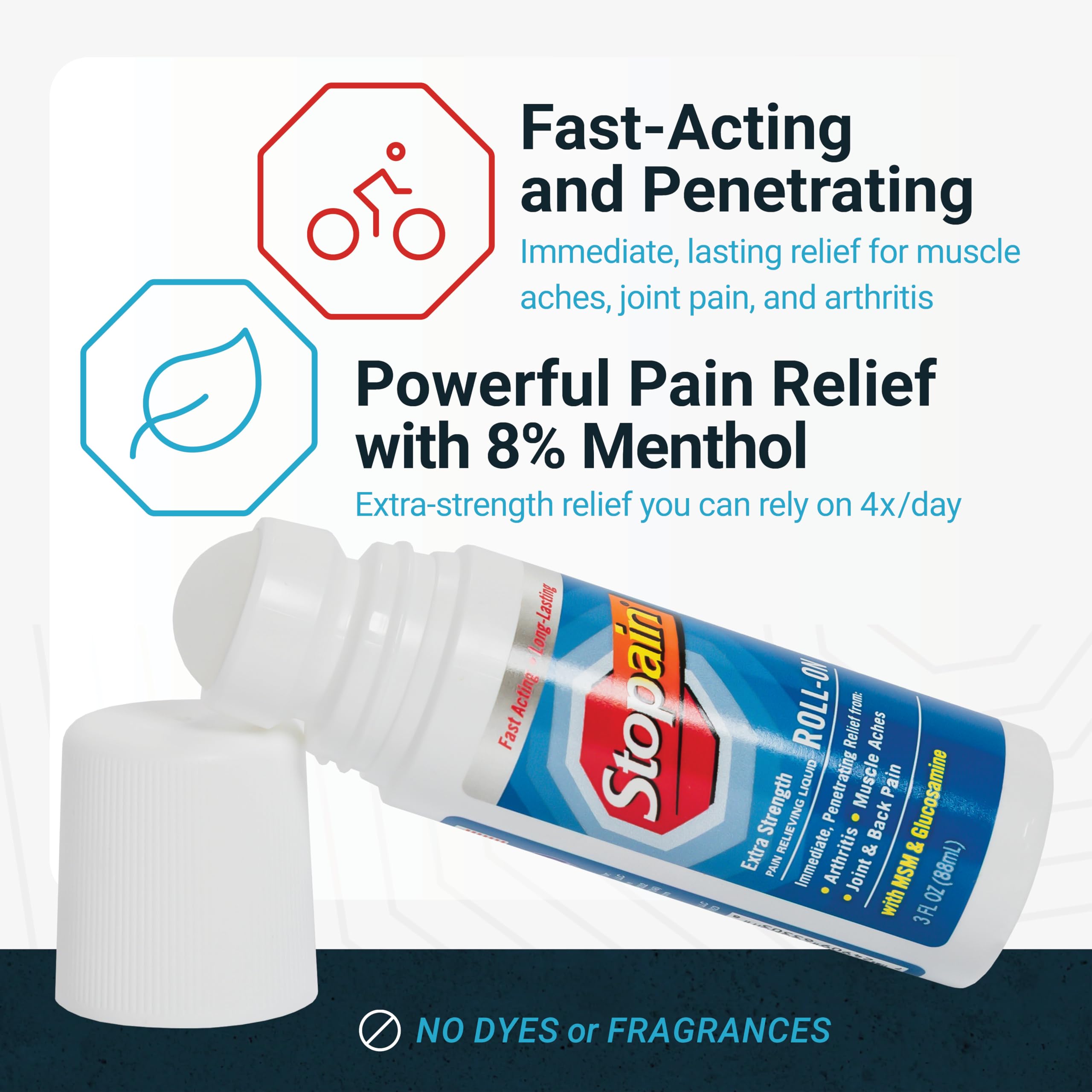 Stopain Pain Relief Roll On Gel 3oz, USA Made, Max Strength Fast Acting with MSM, Glucosamine, Menthol for Arthritis, Lower Back, Knee, Neck, HSA FSA Approved OTC Topical Analgesic Products Stopain Au supplements
