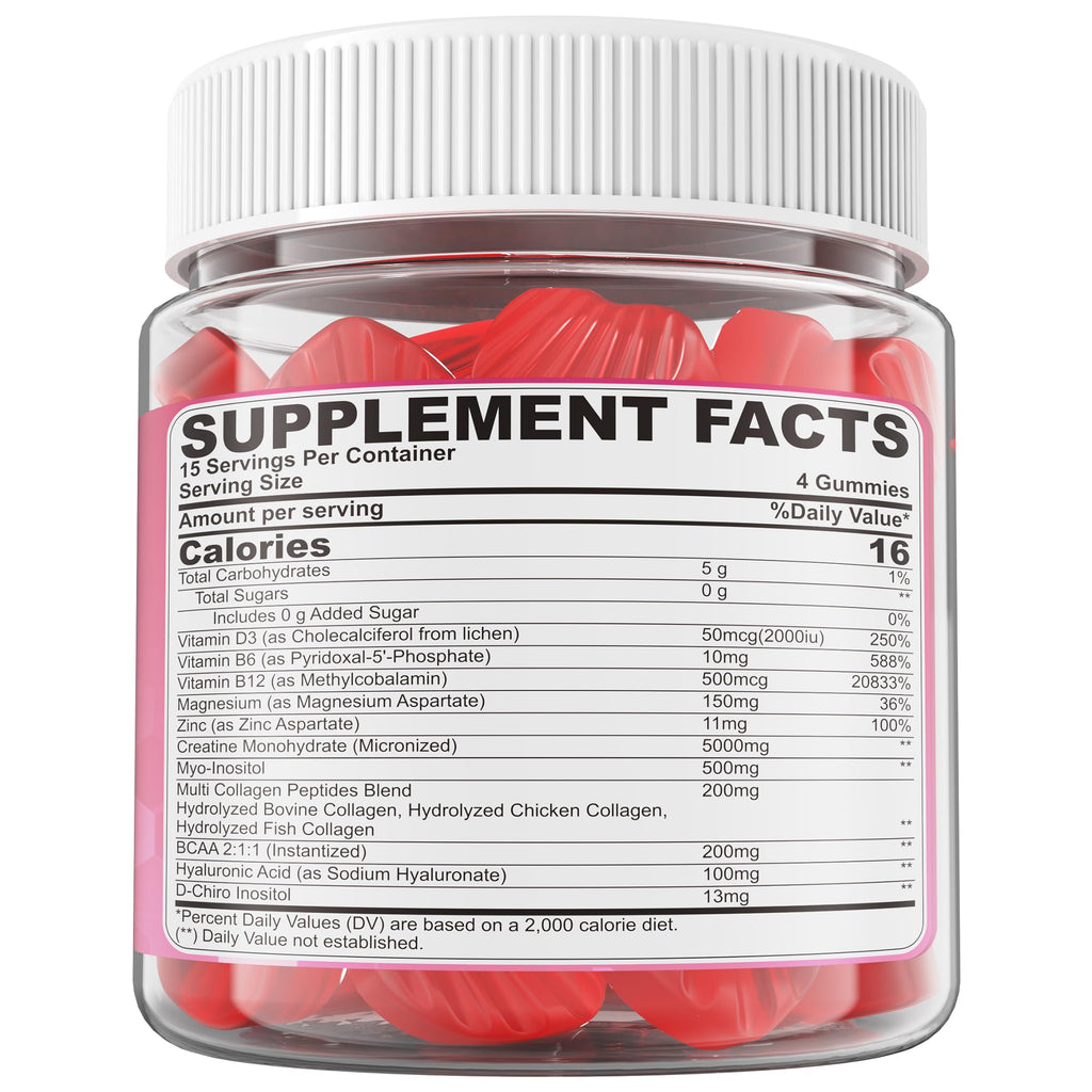 Creatine for Women Gummies, Micronized Creatine Monohydrate + Myo-Inositol, Collagen Peptides, BCAAs, Hyaluronic Acid, Vitamin B6 B12, Zinc for Enërgy, Föcus, Hörmonal Balance, Sugar Free, 120 Counts LILICARE Au supplements