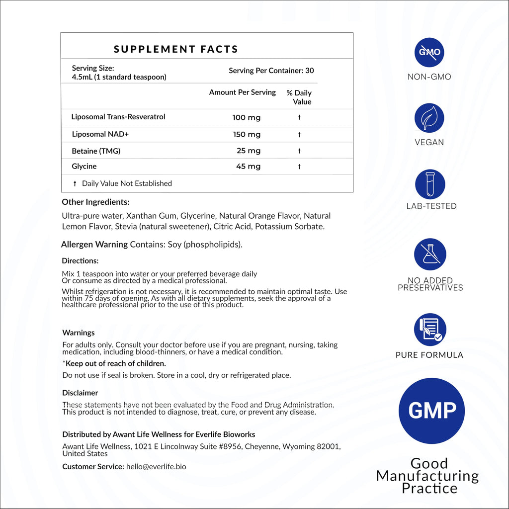 Everlife Liposomal NAD+ Liquid Supplement – 150mg Shot with Liposomal Trans-Resveratrol, TMG & Glycine – Boosts Energy, Cellular Repair, Healthy Aging & Longevity – NMNH Alternative – 30 Servings Everlife Au supplements