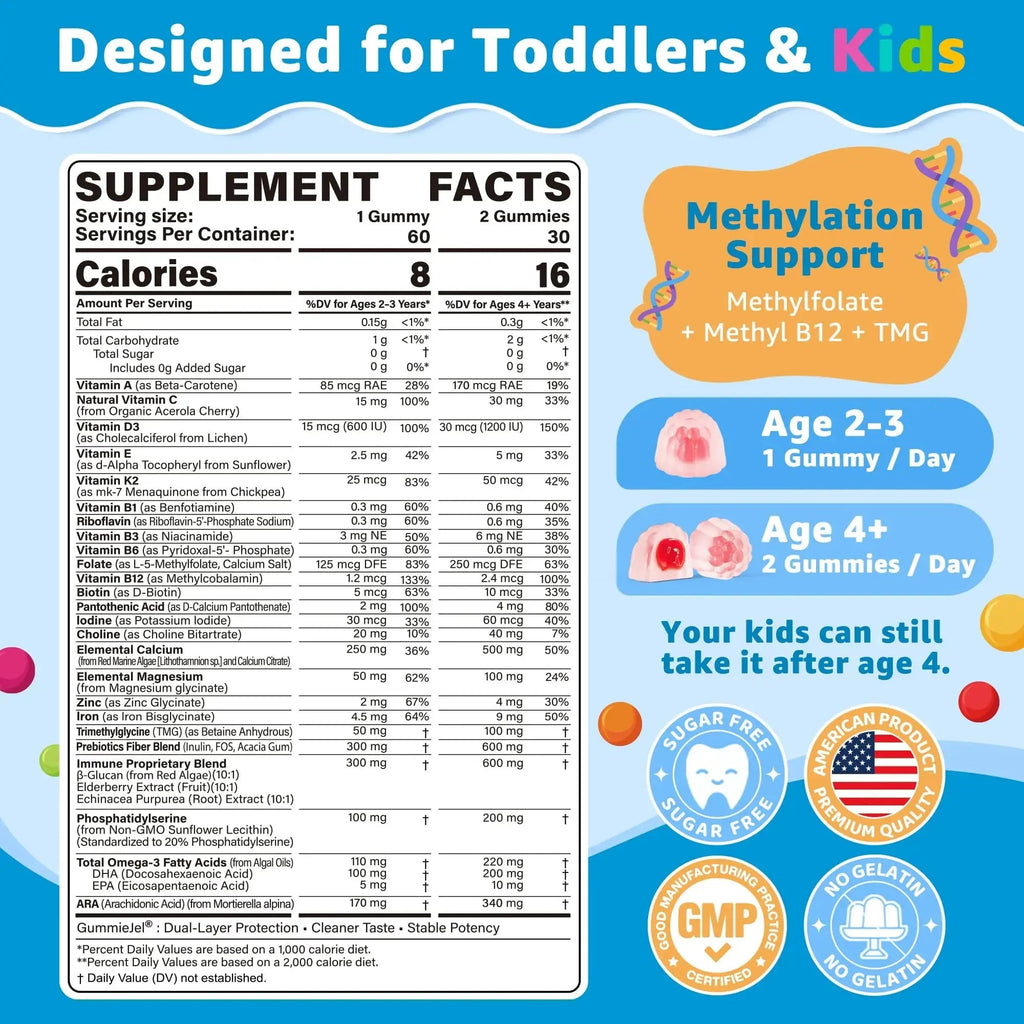Toddler Multivitamin Gummies with Iron, Omega-3, ARA, Calcium, Prebiotic | Methylated Vitamins for Kids Ages 2+ | Overall Support | LILICARE Au supplements