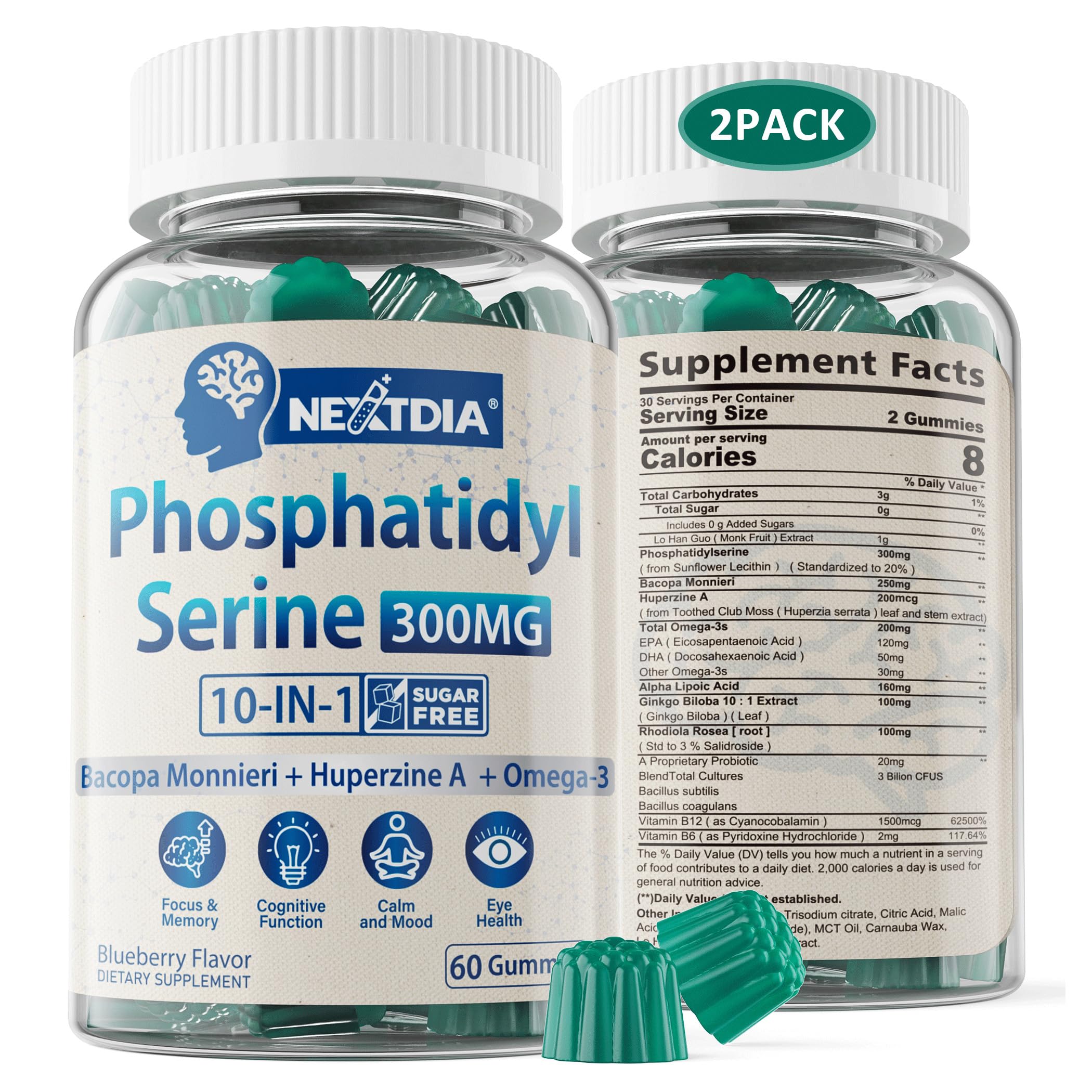Phosphatidylserine - Nootropic Brian Supplement, Focus & Energy Gummies+ Bacopa Monnieri, Omega 3, Huperzine A, Methyl B12 & B6 for Seniors, Gamers, Workers, Non-GMO, Caffeine-Free, Sugar Free, 2 Pack Nextdia Au supplements