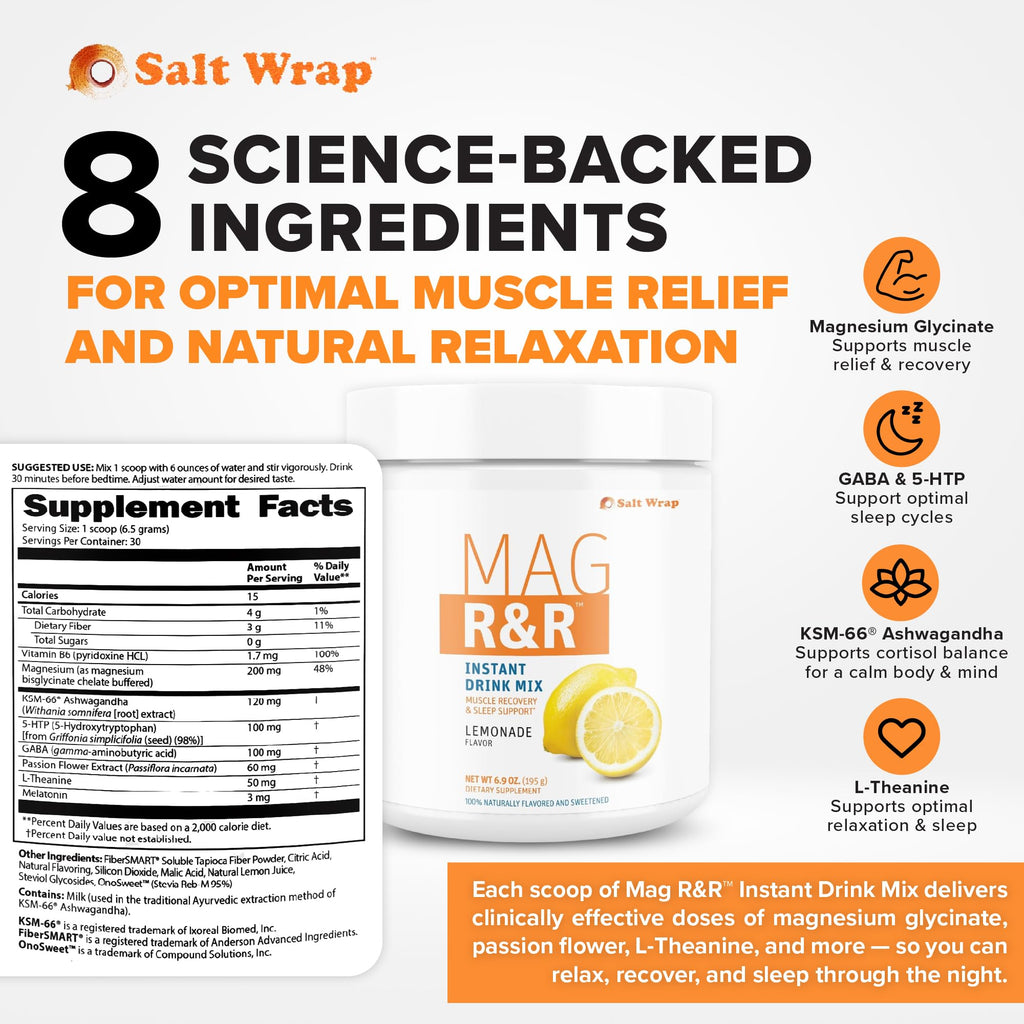 SaltWrap Mag R&R Instant Drink Mix - Sugar-Free Nighttime Magnesium Glycinate Powder with Stevia & FiberSMART® - Muscle Cramp & Leg Cramps Relief, Sleep & Relaxation Support - 30 Servings SaltWrap Au supplements