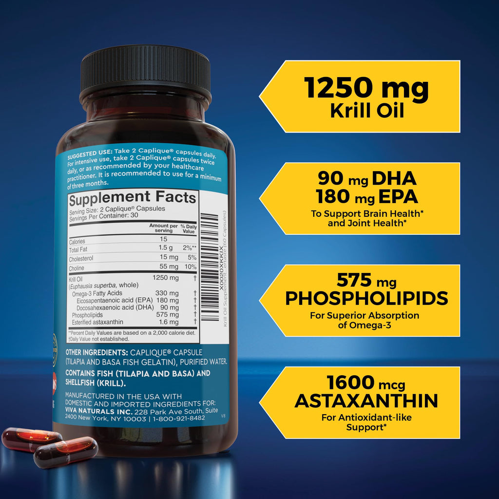 Viva Naturals Antarctic Krill Oil Omega 3 Supplements 1250 mg - DHA EPA Omega-3 & Astaxanthin Concentration for Joint Health,