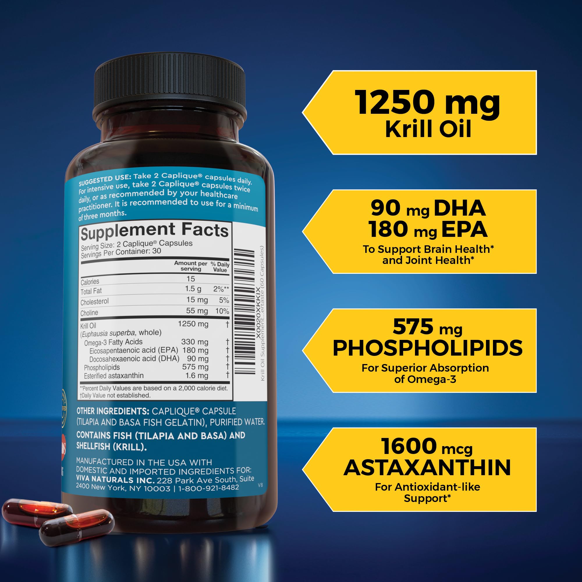 Viva Naturals Antarctic Krill Oil Omega 3 Supplements 1250 mg - DHA EPA Omega-3 & Astaxanthin Concentration for Joint Health,
