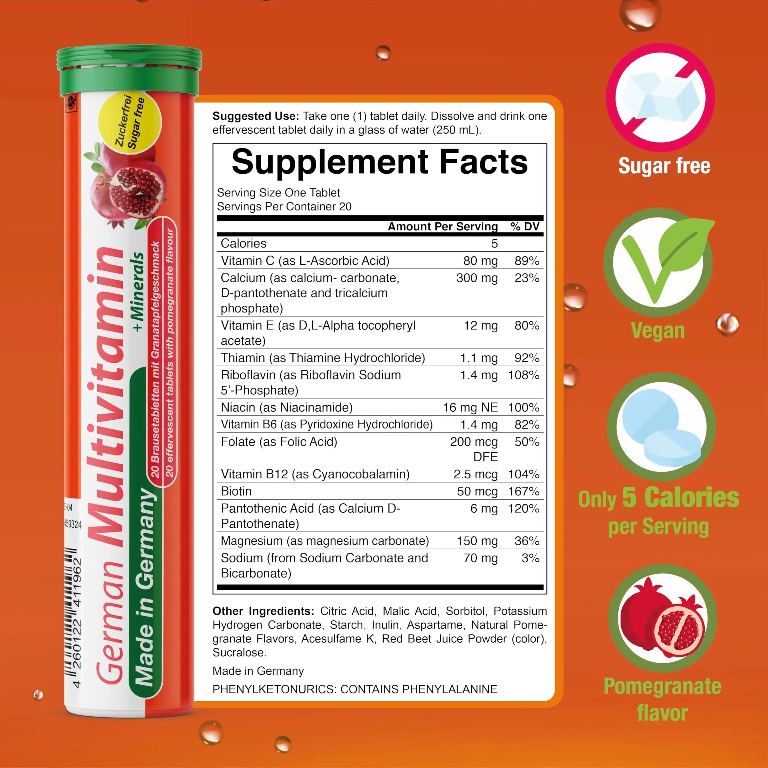 T&D German Multivitamin + Mineralien Drink Effervescent Tablets 140 Servings Pomegranate Flavour – 10 Vitamins + 2 Minerals T&D Au supplements