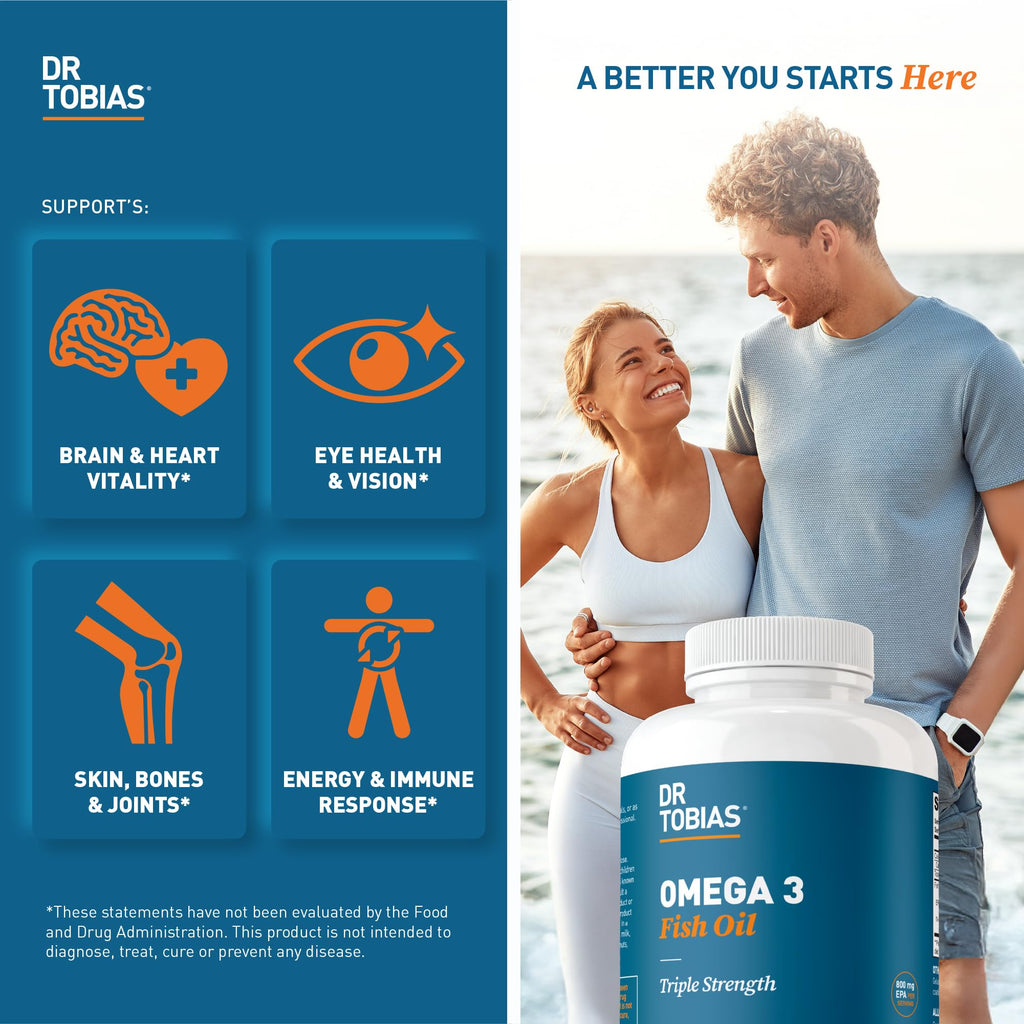 Dr. Tobias Omega 3 Fish Oil 2000mg Triple Strength with 800mg EPA 600mg DHA Per Serving | Fish Oil Omega 3 Supplements for Heart Brain & Immune Support - 180 Softgels (90 Servings) Dr. Tobias Au supplements