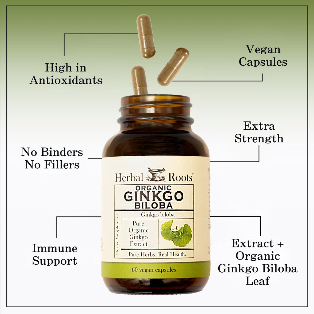 Herbal Roots Organic Ginkgo Biloba Made with Pure Organic Ginkgo Leaf and Extract - 60 Vegan Capsules