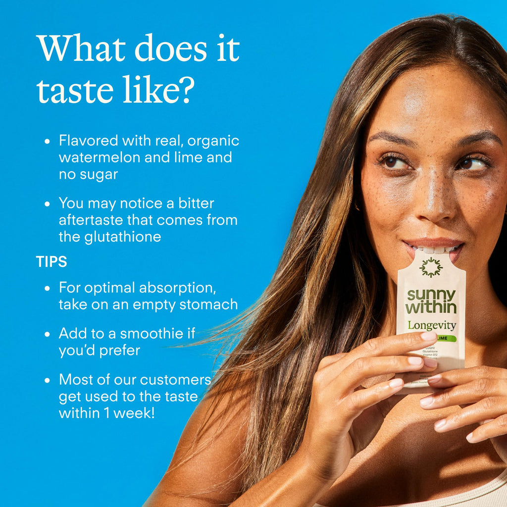 Sunny Within Longevity – Liposomal NAD+ Glutathione Supplement w/Liquid NAD+, CoQ10, B12, MCT & Avocado Oil – Cellular Health, Energy, Brain, Gut & Heart Support* – Watermelon Lime – 30 Pouches Sunny Within Au supplements