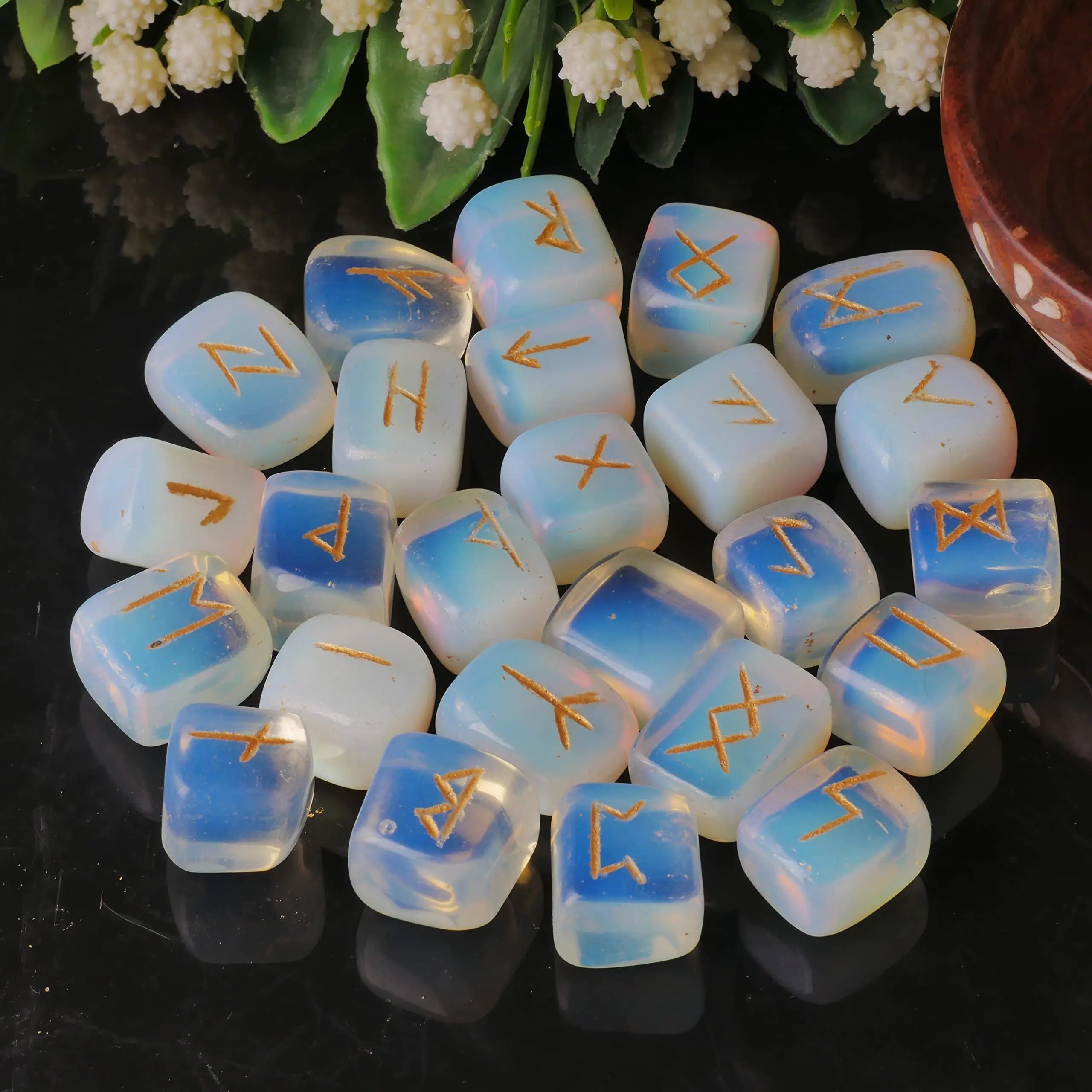 Opalite Rune Stone - Rune Set - Engraved Elder Futhark Alphabet Symbols - Witchcraft Crystals QUIPSA Au supplements