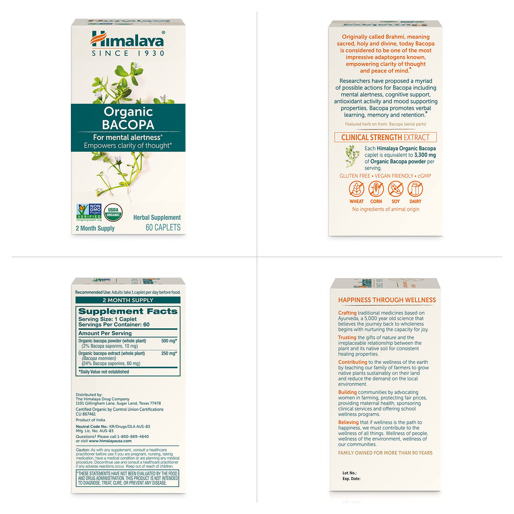 Himalaya Organic Bacopa Monnieri Nootropic Herbal Supplement, Supports Calm, Memory, Cognition, USDA Certified Organic, Non-GMO, 750 mg