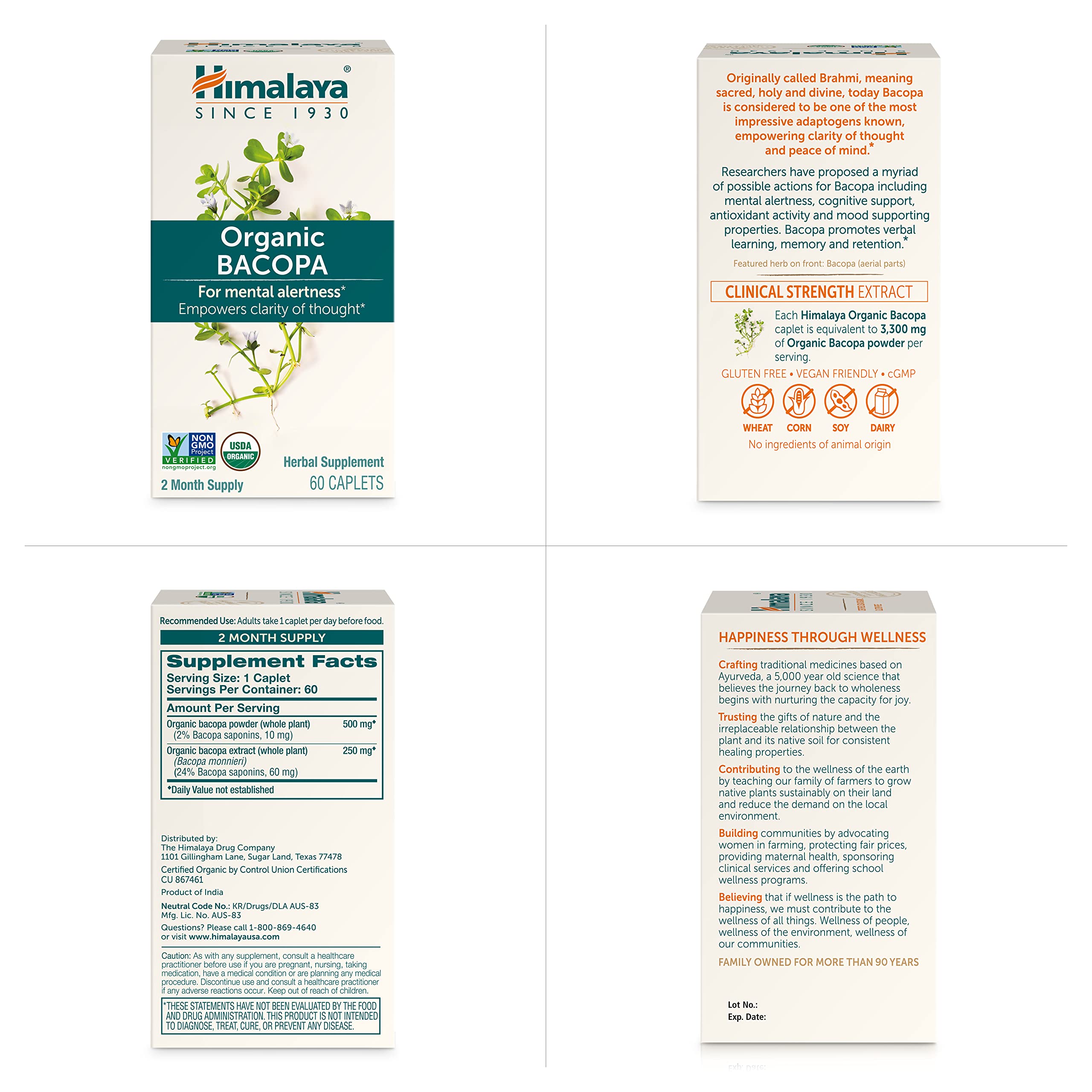 Himalaya Organic Bacopa Monnieri Nootropic Herbal Supplement, Supports Calm, Memory, Cognition, USDA Certified Organic, Non-GMO, 750 mg