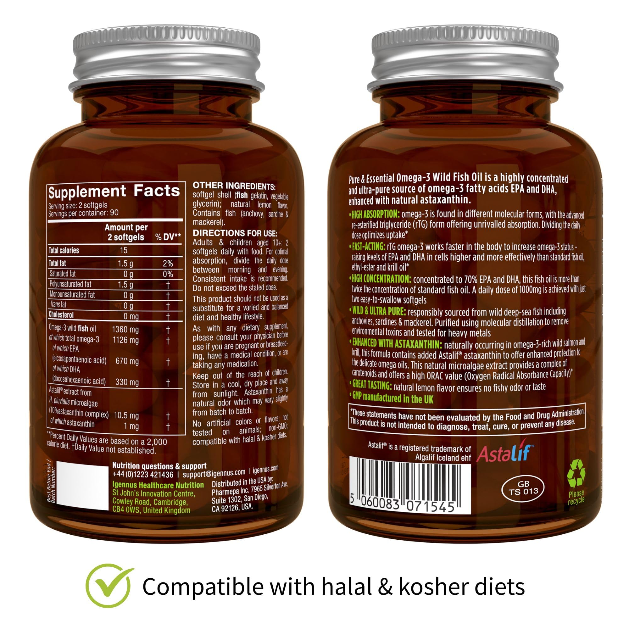Igennus Ultra Pure Omega 3 Triglyceride rTG Wild Fish Oil 1360mg, IFOS Certified, EPA DHA 1000mg Plus Astaxanthin, Non-GMO,