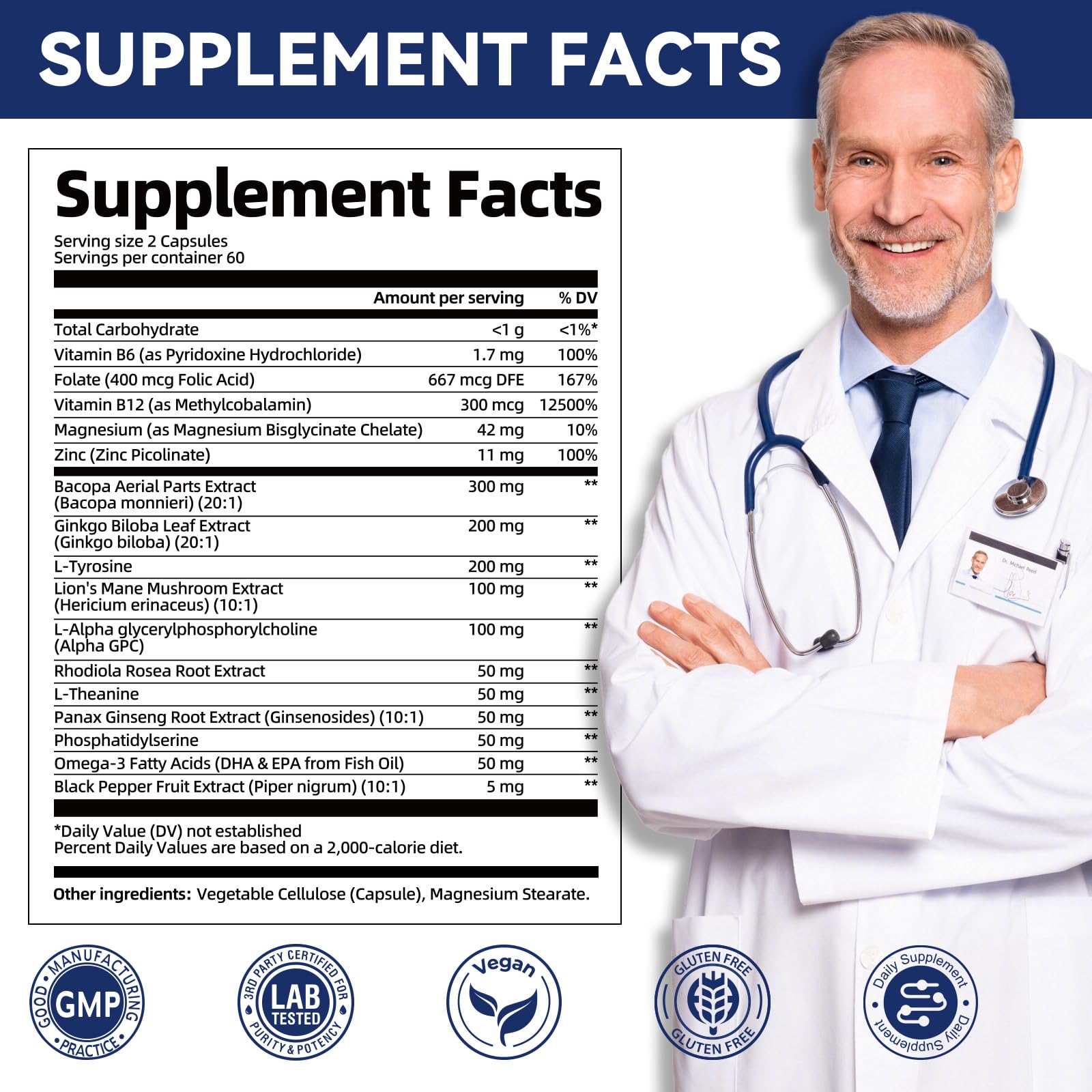 Brain Supplements for Memory & Focus - Nootropic with Bacopa Monnieri, Lion's Mane, Alpha GPC, Phosphatidylserine | Supports Mental Clarity & Cognitive Function | Vitamin B6 & B12-120 Capsules Migcopat Au supplements