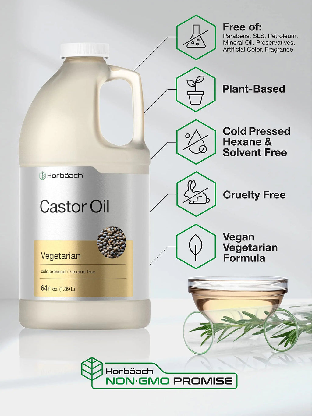Castor Oil 64oz | for Hair Health, Eyelashes & Eyebrows | Hexane Free & Cold Pressed Horbäach Au supplements