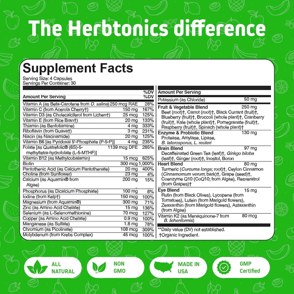 Herbtonics Whole Food Multivitamin for Men & Women – Vegan Multivitamin with Real Fruits & Veggies, Probiotics, CoQ10 Herbtonics Au supplements
