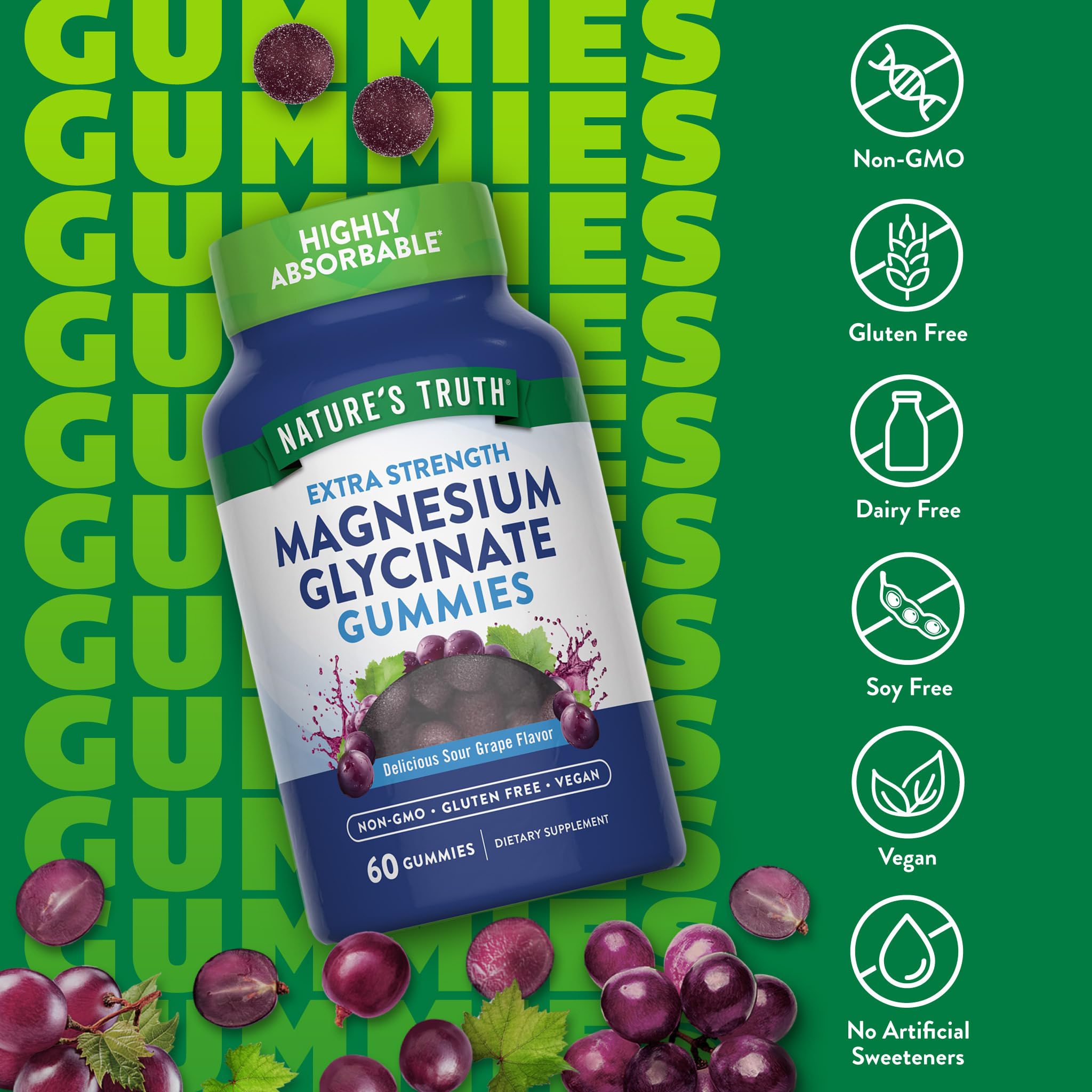 Nature's Truth Magnesium Glycinate Gummies | 60 Count | Sour Grape Flavor | Vegan, Non-GMO & Gluten Free Supplement