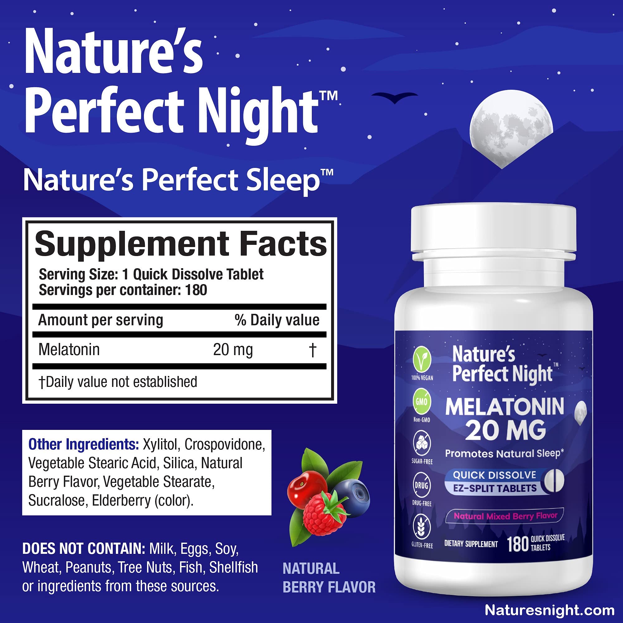 Nature's Perfect Night | Melatonin 20mg | 180 Quick Dissolve Tablets | Natural Mixed Berry Flavor |High Potency | Sugar Free