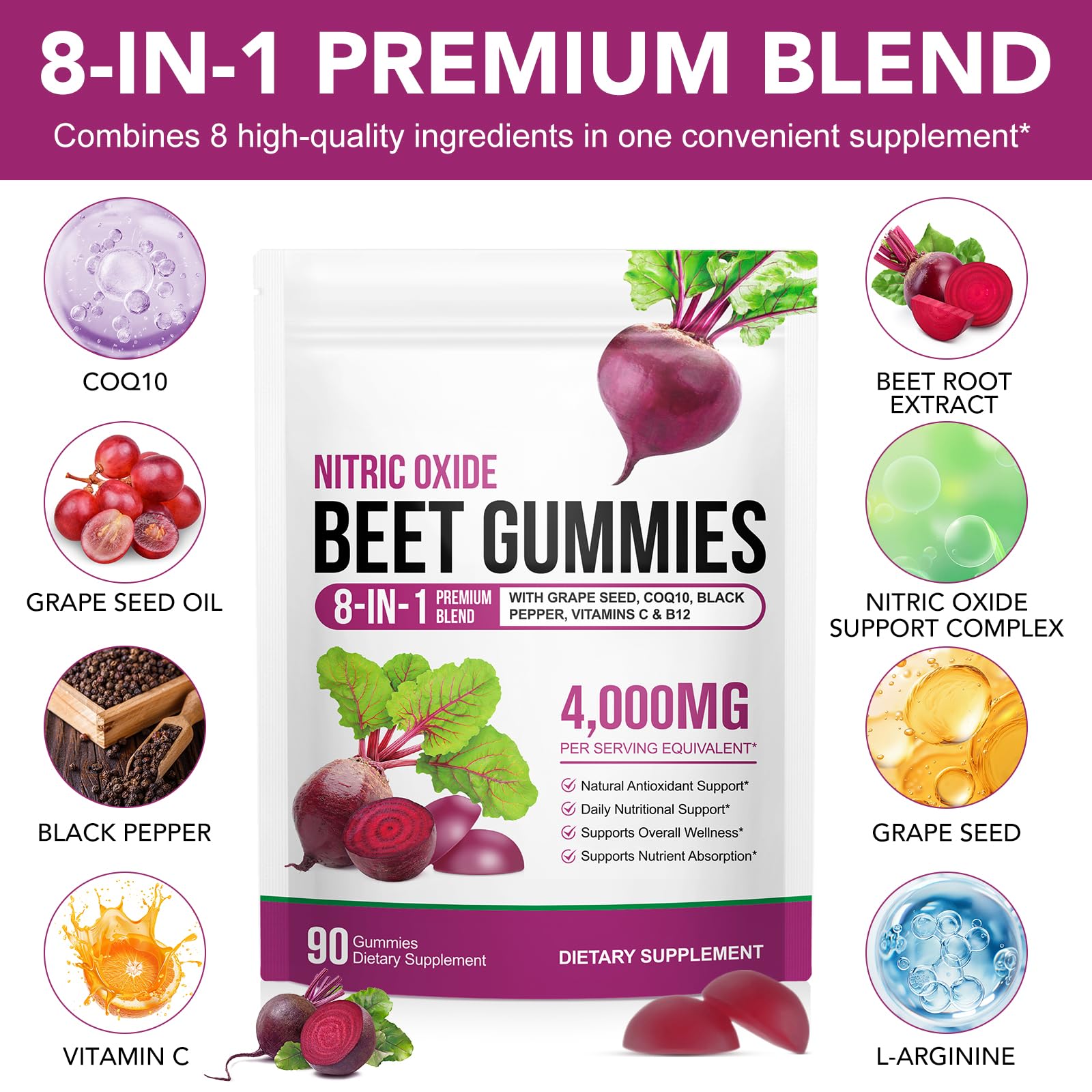 ECHTEYUN Super Beetroot Gummies, 8 in 1 Beet Root 4,000mg with Grape Seed Extract & CoQ10, Sugar Free - 90 Count (1)