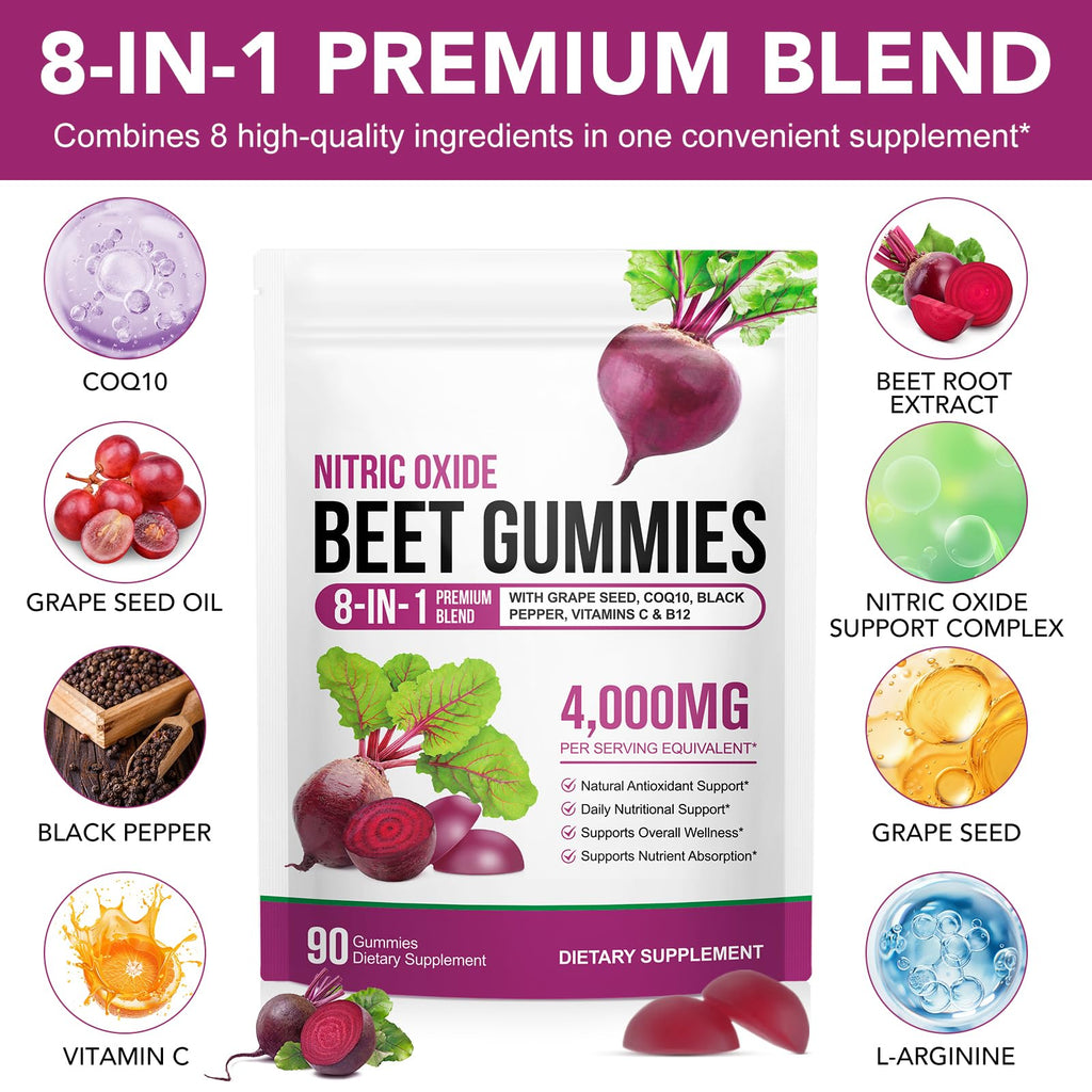 Beet Root Gummies Enriched with 200mg CoQ10 & Beet Root Extract for Blood Pressure, Heart Health Support, Energy Level Suport, Promoting Nitric Oxide