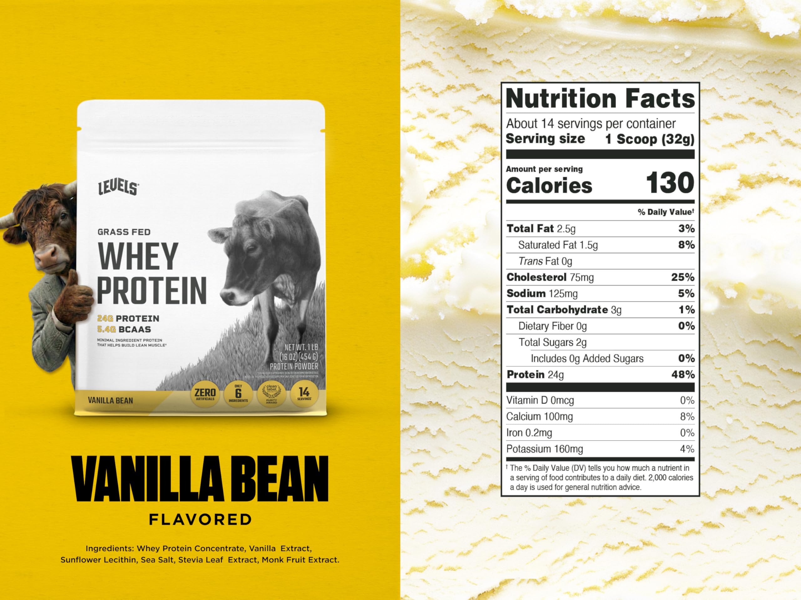 Levels Grass Fed Whey Protein Powder, No Artificials, 24G of Protein, Vanilla Bean, 1LB