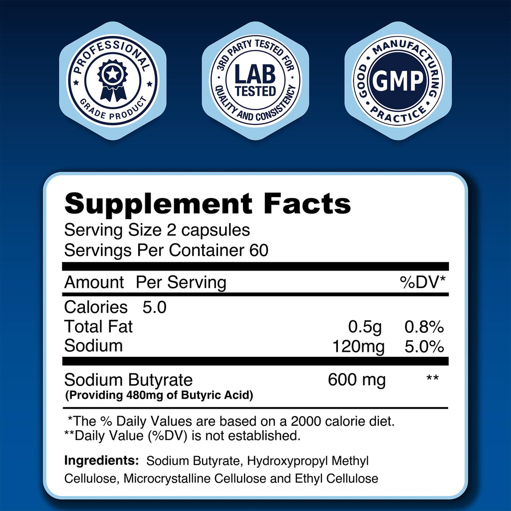 LongJuvity Sodium Butyrate Supplement (300mg) - Optimal Gut Health for Men & Women - Digestion Support & Leaky Gut Repair - Postbiotic Short Chain Fatty Acid, Lab Tested (120 Extended Release Caps) LongJuvity Labs Au supplements