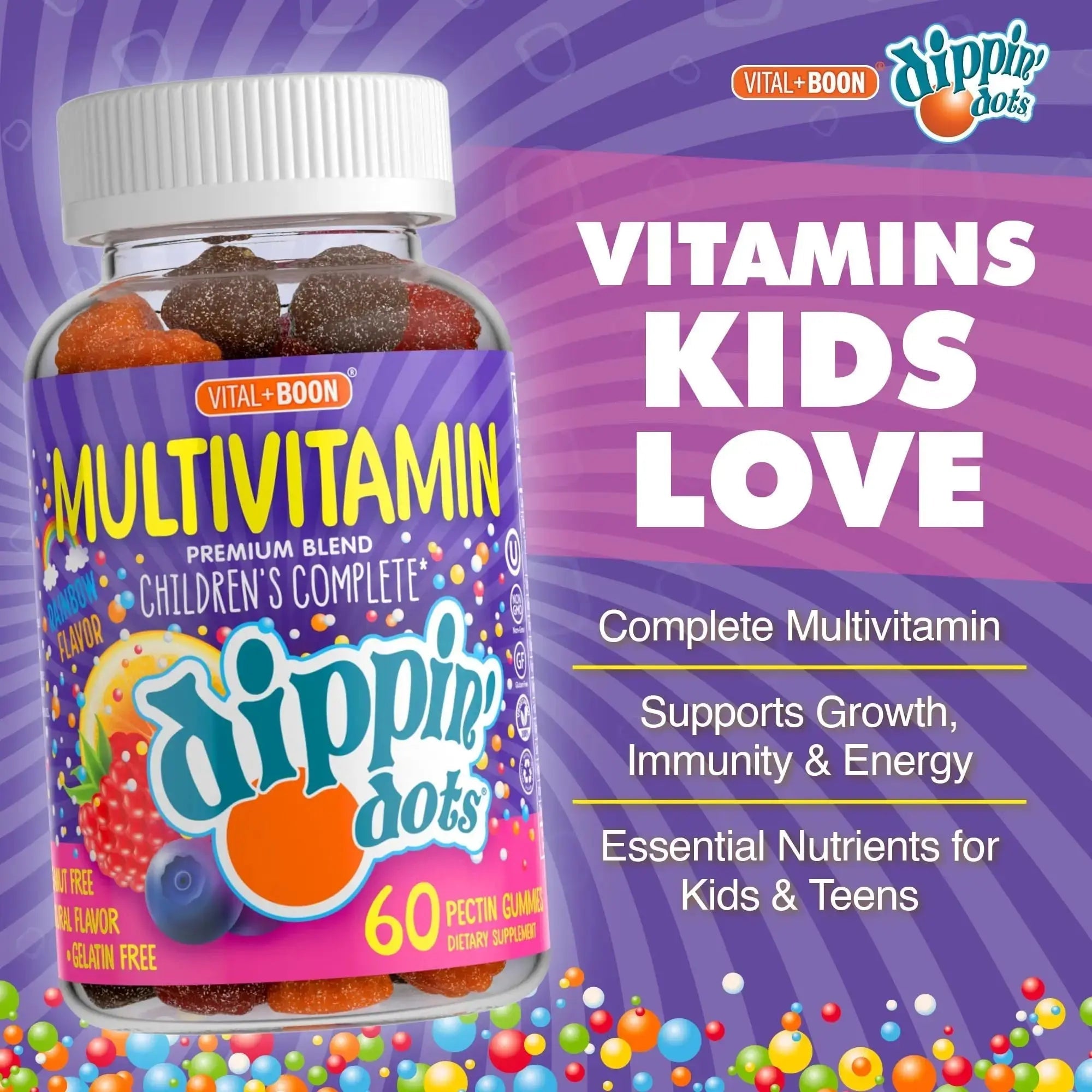 Dippin' Dots - Multivitamin Gummies for Kids Rainbow Fruit Flavor Complete Multivitamin Chewy Gummies Vitamin A, B, C, D3, E, B6, Zinc - 60 Count Vital+Boon Au supplements
