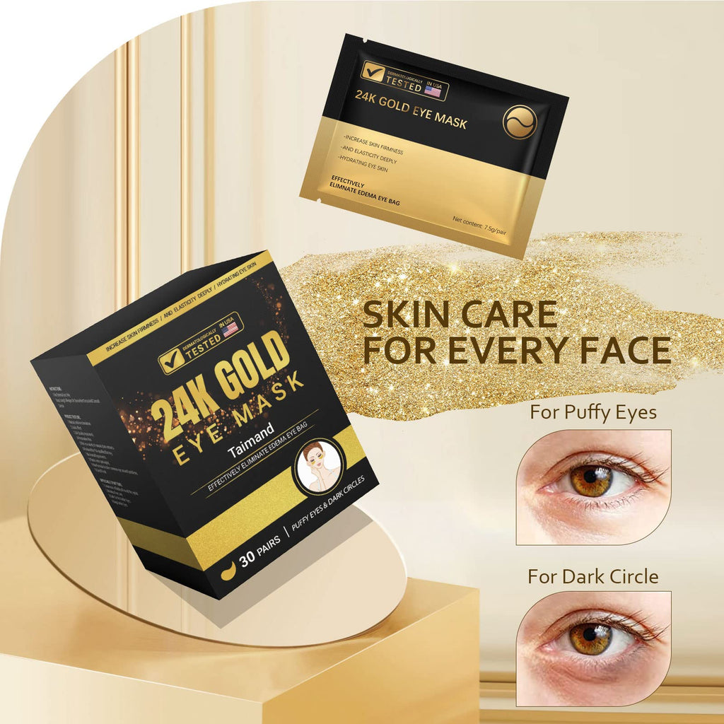 Taimand Under Eye Patches (30 Pairs), 24K Gold Under Eye Mask for Puffy Eyes, Dark Circles,Bags and Wrinkles with Collagen