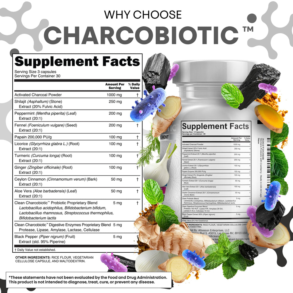 Clean Nutra Activated Charcoal Pills + Shilajit Probiotic Digestive Enzymes for Digestive Health Capsules with Peppermint Fennel Licorice Papain Ginger Turmeric Powder | Gut Health Clean Nutraceuticals Au supplements