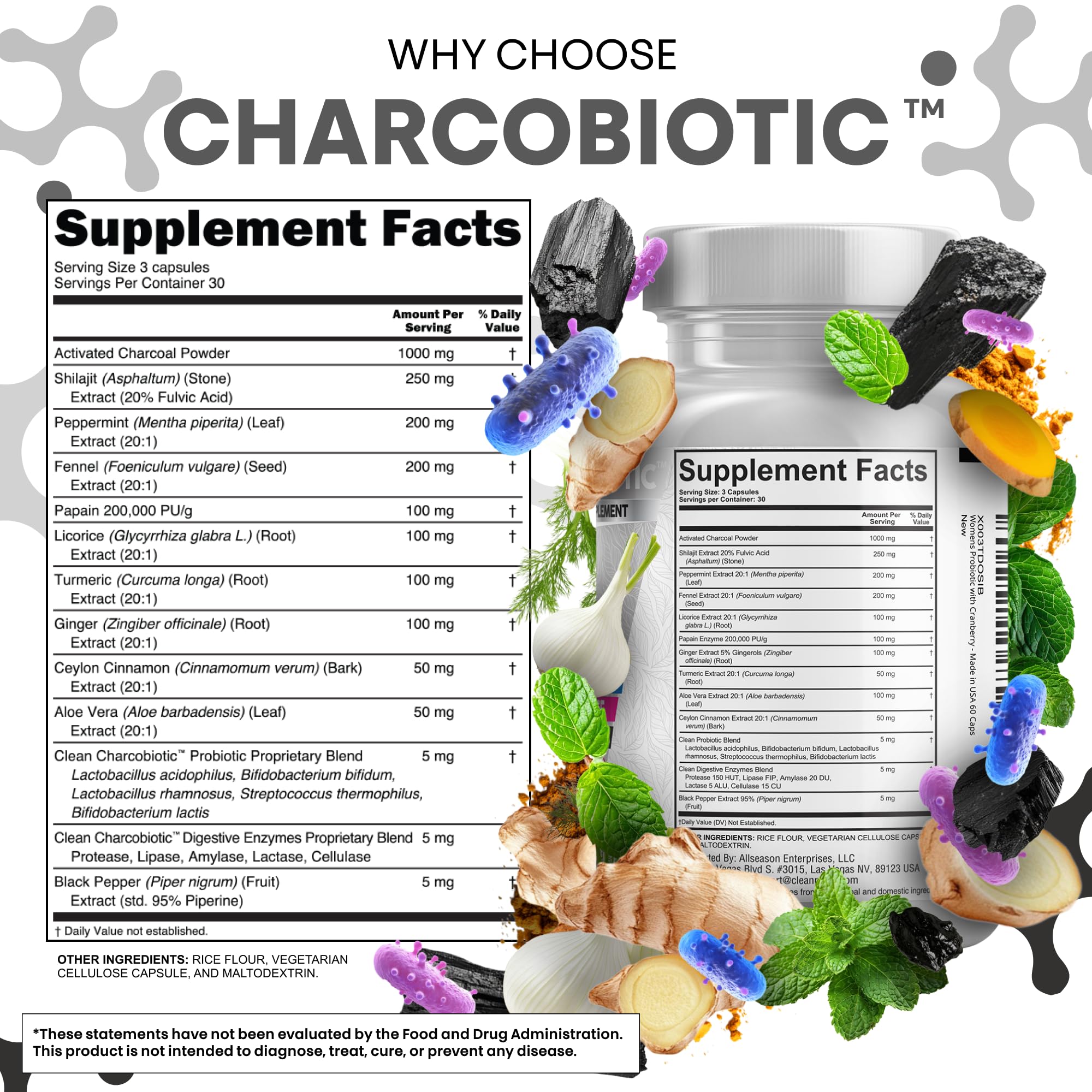 Clean Nutra Activated Charcoal Pills + Shilajit Probiotic Digestive Enzymes for Digestive Health Capsules with Peppermint Fennel Licorice Papain Ginger Turmeric Powder | Gut Health Clean Nutraceuticals Au supplements