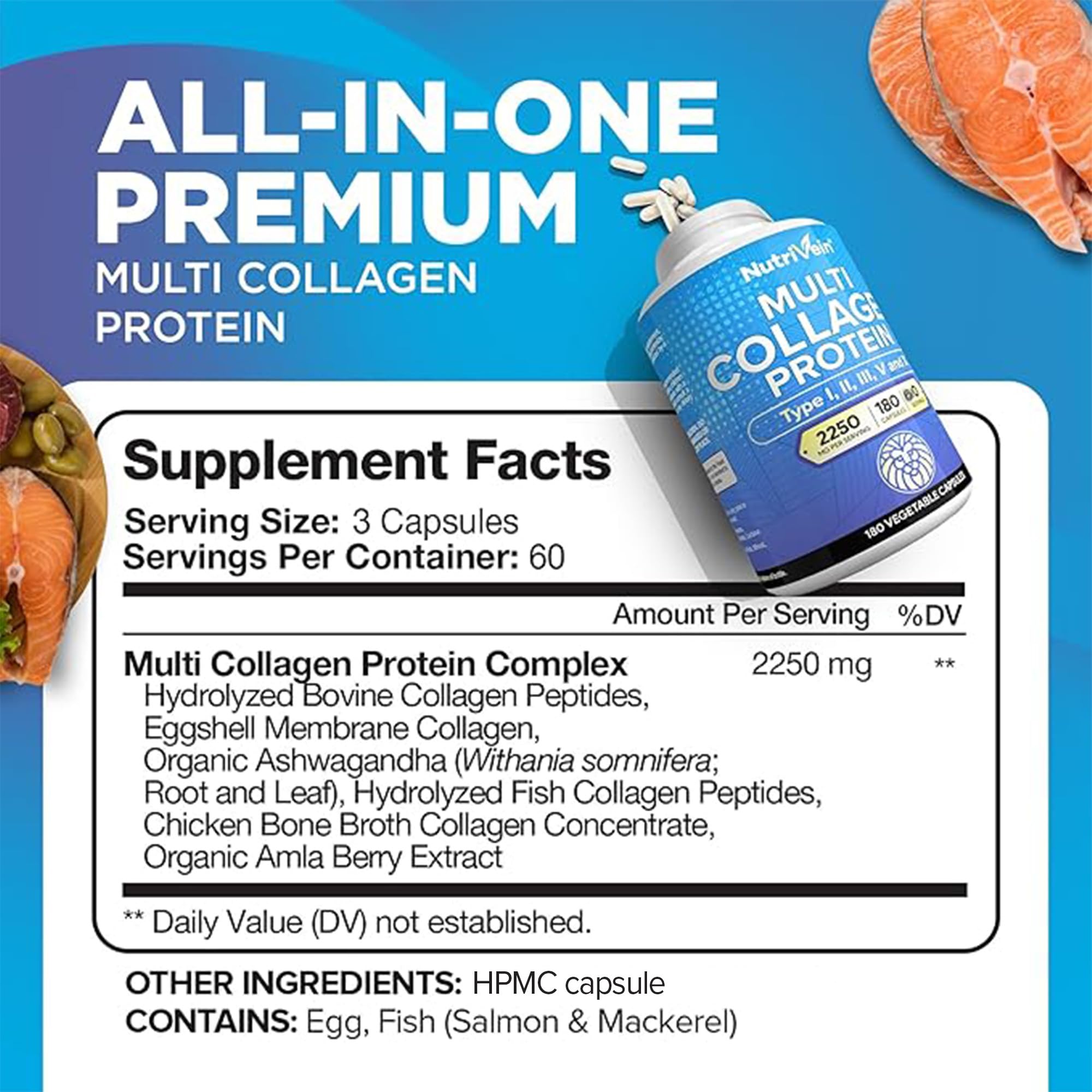 Nutrivein Premium Multi Collagen Pills 2250 mg - 180 Easy-to-Swallow Collagen Capsules: Type I, II, III, V, X Hydrolyzed Protein Peptides for Women and Men