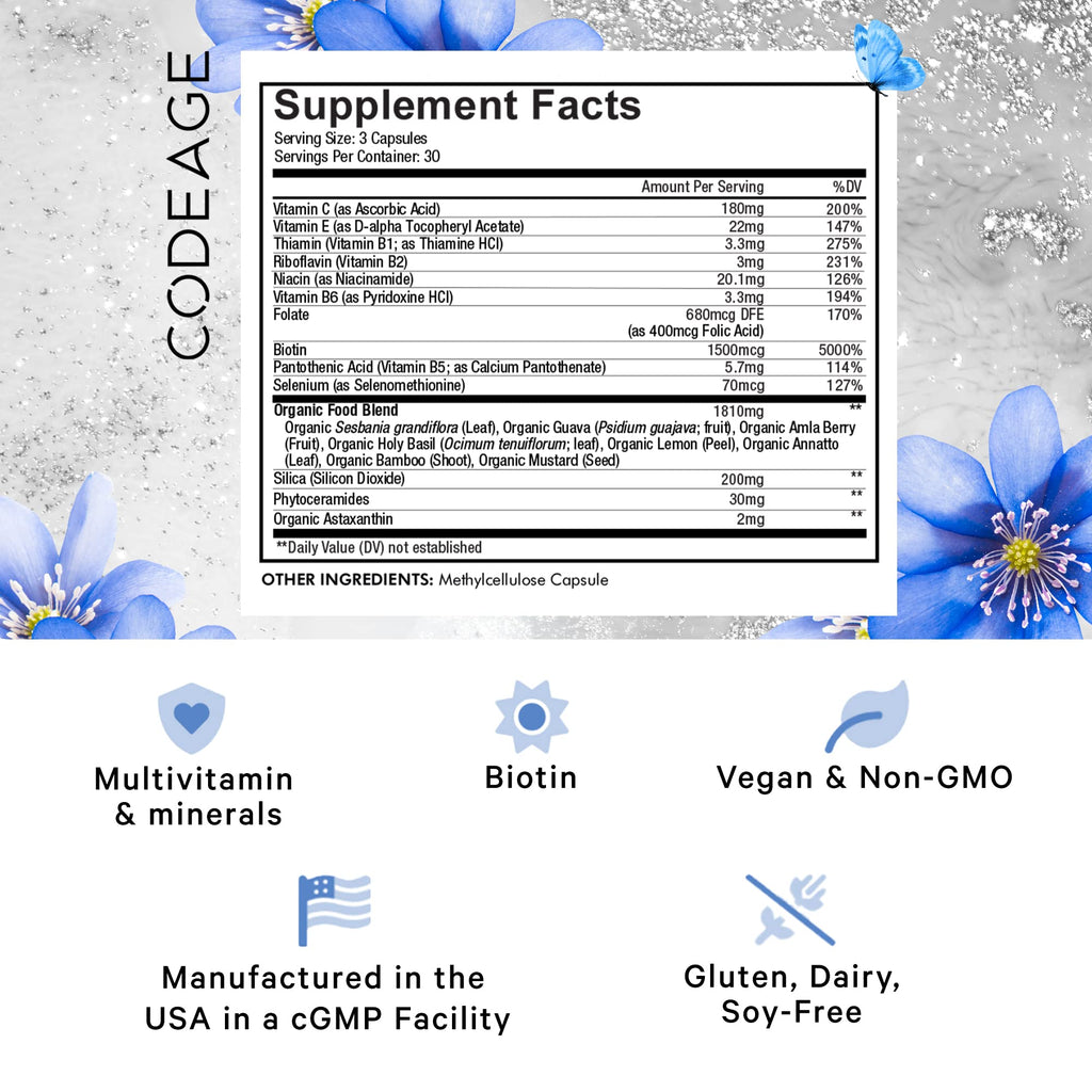 Codeage Biotin Supplement with Vitamin C, Vitamin E, Vitamin B6, Niacin, Folate, Organic Food Blend, Phytoceramides, Astaxanthin, Selenium - Beauty Tonic - Hair, Skin, and Nail Support - Vegan, 90 Ct Codeage Au supplements