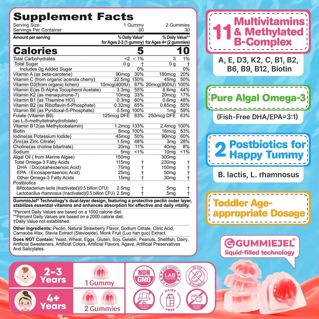 Organic Toddler Multivitamin Gummies + Omega-3 (DHA/EPA), Postbiotics | kids 2+ multivitamin | Vitamins A C D3 Methyl B12 Folate Zinc EnvyCure Au supplements