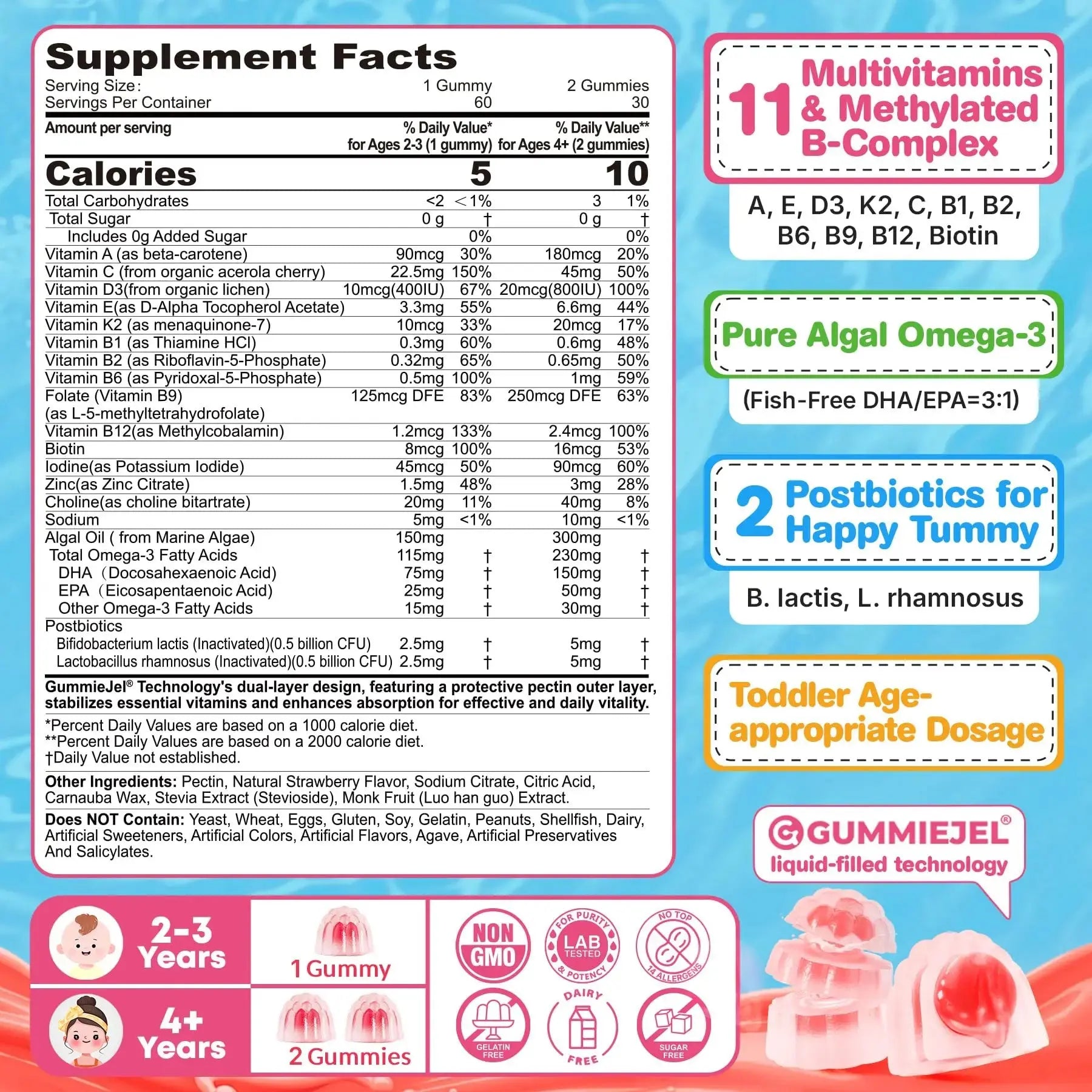 Organic Toddler Multivitamin Gummies + Omega-3 (DHA/EPA), Postbiotics | kids 2+ multivitamin | Vitamins A C D3 Methyl B12 Folate Zinc EnvyCure Au supplements