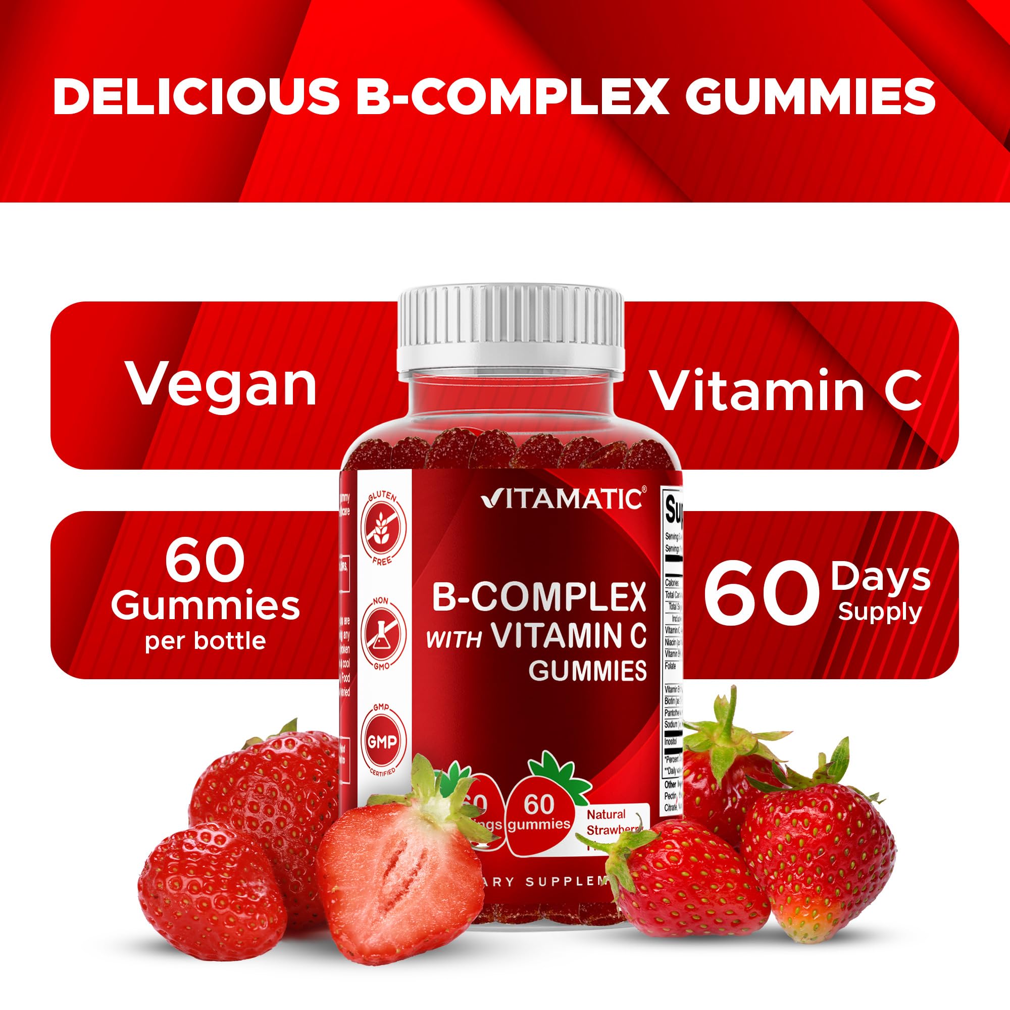 Vitamatic Vitamin B Complex Gummies with Vitamin C & Inositol - Natural Strawberry Flavor - 60 Gummies (1 Bottle)